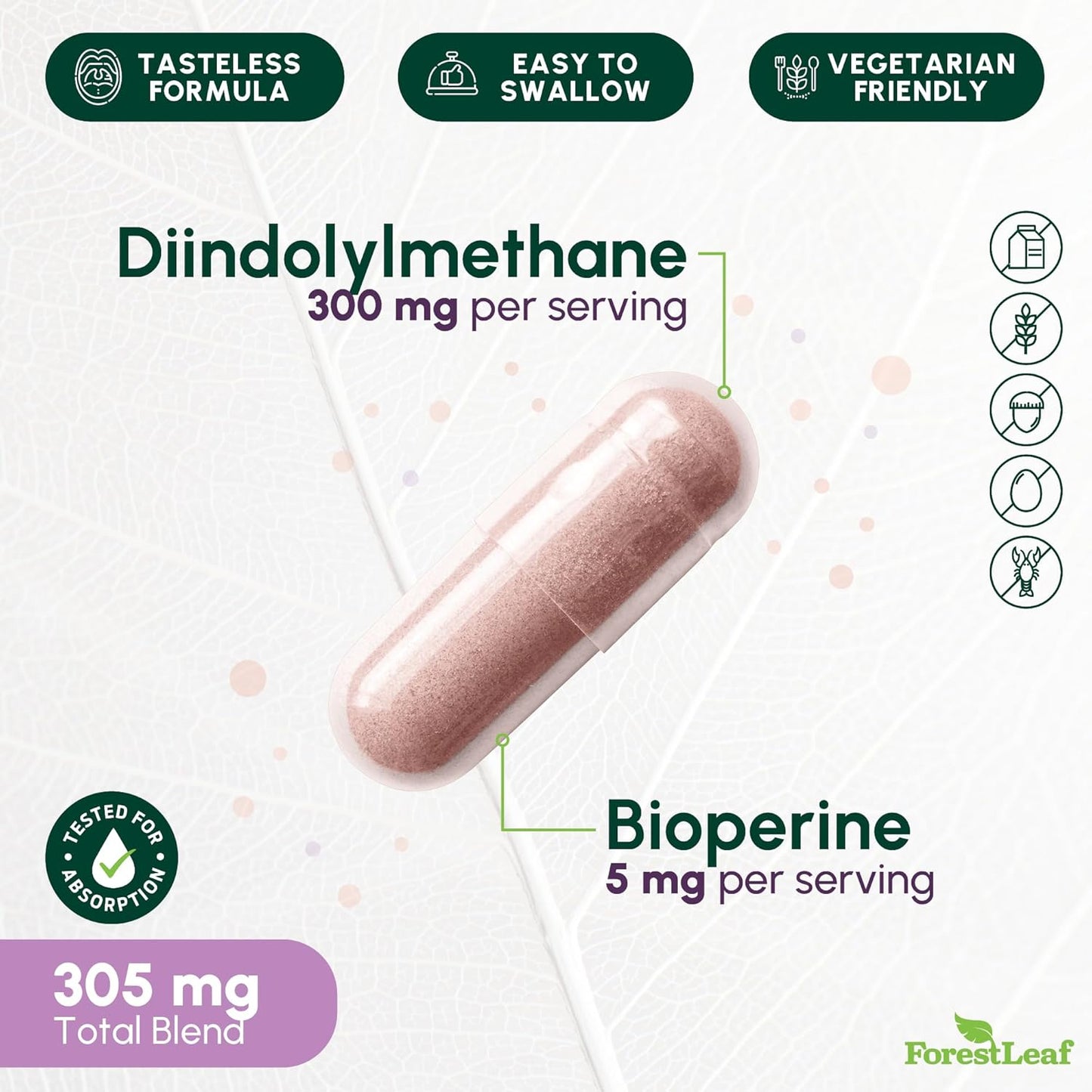 ForestLeaf DIM 300mg Capsules with BioPerine - Diindolylmethane for Metabolism Balance, Detox, Menopause Relief - High Absorption Supplement for Women & Men (90 Capsules)