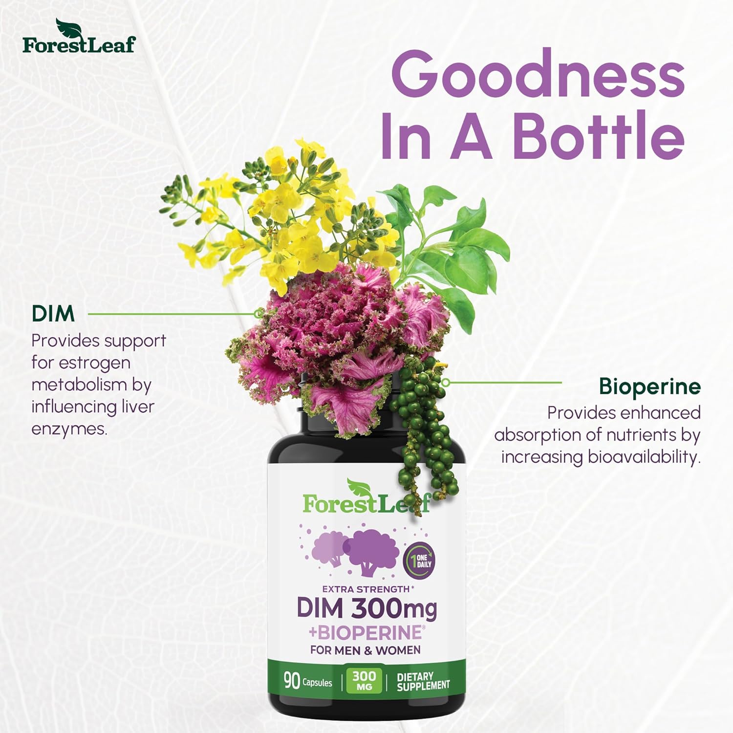 ForestLeaf DIM 300mg Capsules with BioPerine - Diindolylmethane for Metabolism Balance, Detox, Menopause Relief - High Absorption Supplement for Women & Men (90 Capsules)