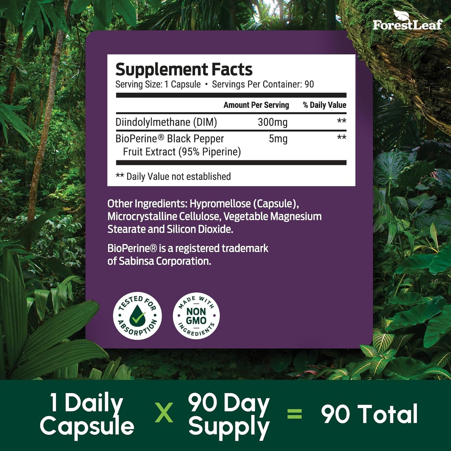 ForestLeaf DIM 300mg Capsules with BioPerine - Diindolylmethane for Metabolism Balance, Detox, Menopause Relief - High Absorption Supplement for Women & Men (90 Capsules)