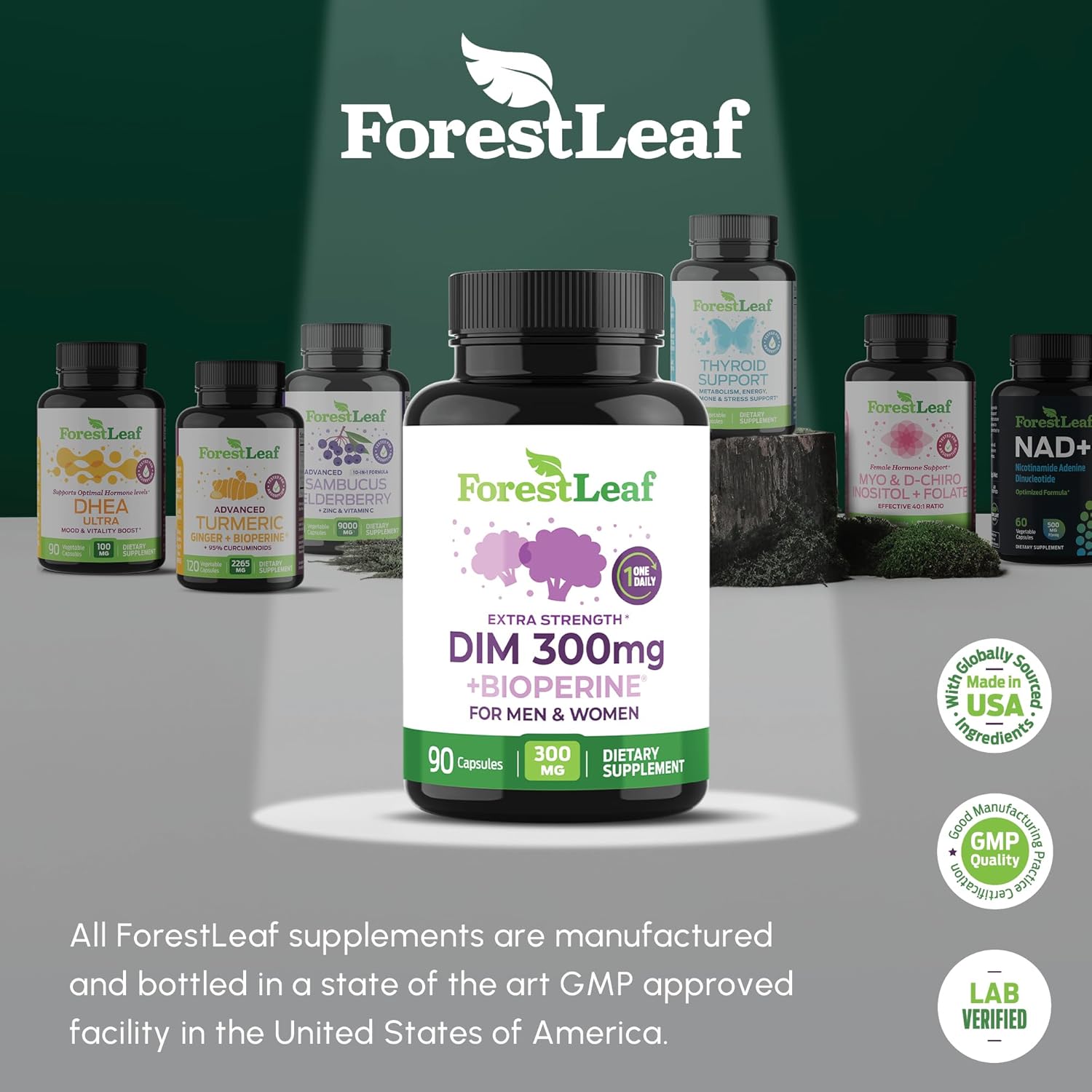 ForestLeaf DIM 300mg Capsules with BioPerine - Diindolylmethane for Metabolism Balance, Detox, Menopause Relief - High Absorption Supplement for Women & Men (90 Capsules)