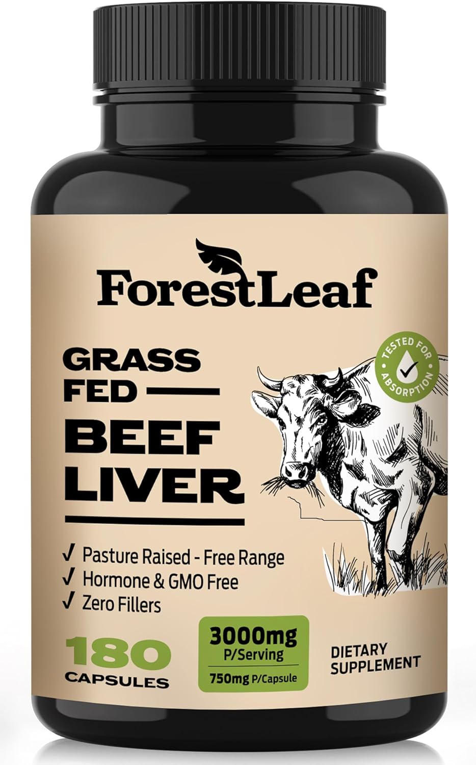 ForestLeaf Grass Fed Beef Liver Capsules - 3000mg Per Serving - Supports Immunity & Wellness - Natural Iron, Vitamin A & B12 - 180 Capsules