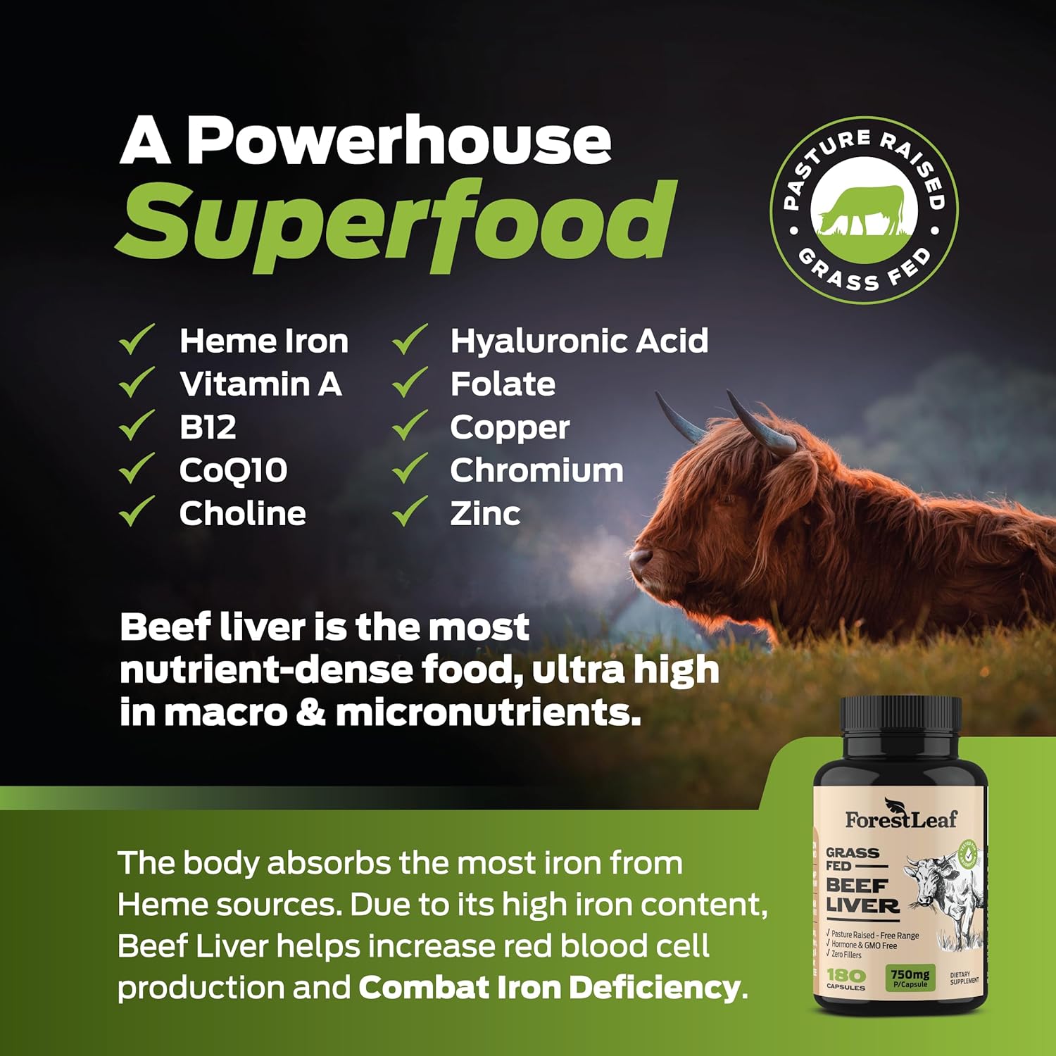 ForestLeaf Grass Fed Beef Liver Capsules - 3000mg Per Serving - Supports Immunity & Wellness - Natural Iron, Vitamin A & B12 - 180 Capsules