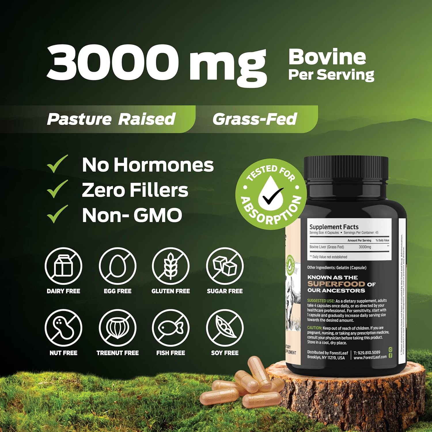 ForestLeaf Grass Fed Beef Liver Capsules - 3000mg Per Serving - Supports Immunity & Wellness - Natural Iron, Vitamin A & B12 - 180 Capsules