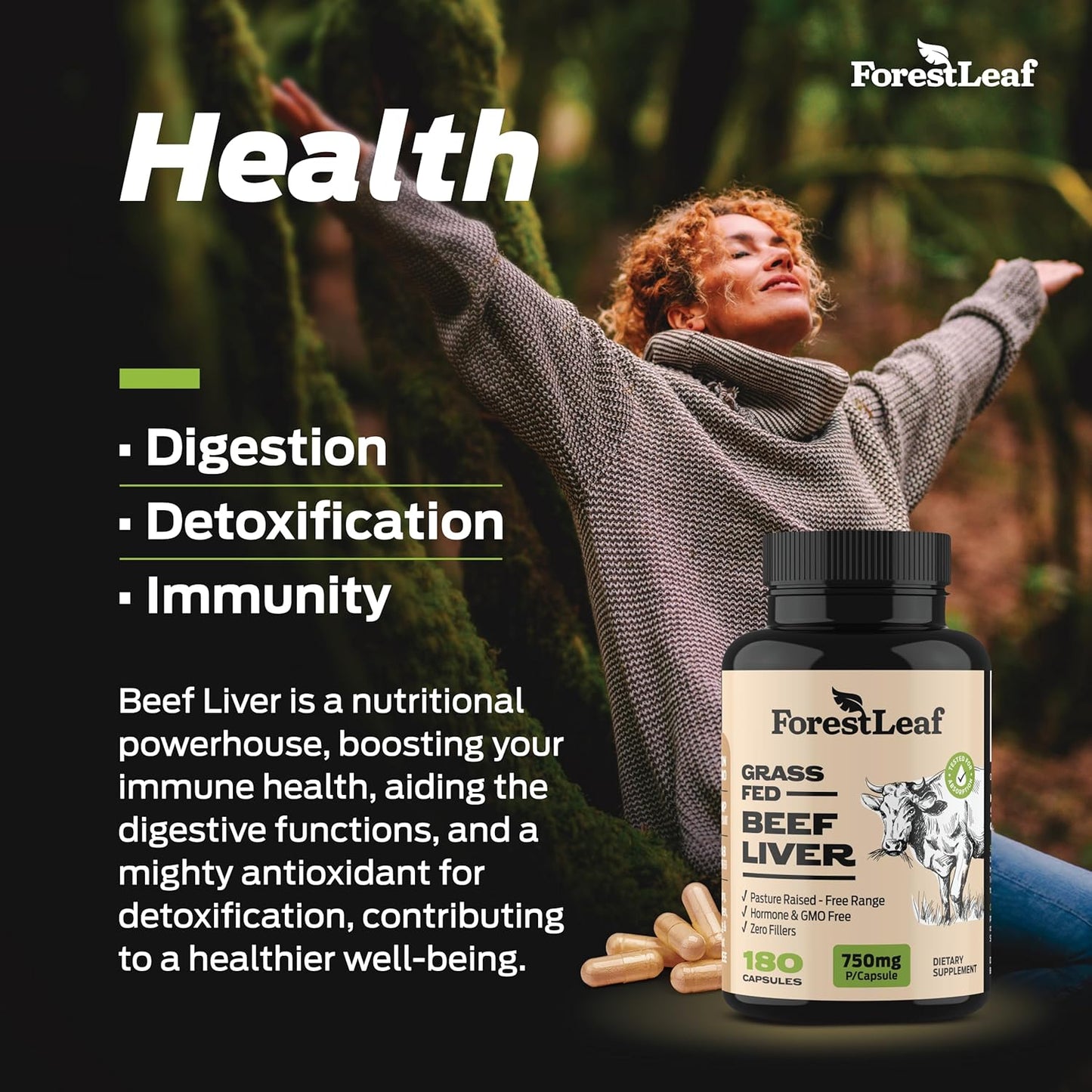 ForestLeaf Grass Fed Beef Liver Capsules - 3000mg Per Serving - Supports Immunity & Wellness - Natural Iron, Vitamin A & B12 - 180 Capsules