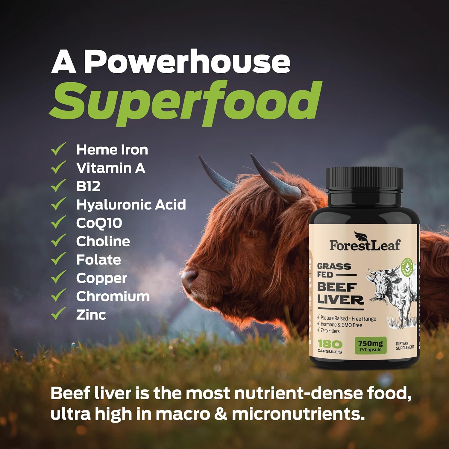 ForestLeaf Grass Fed Beef Liver Capsules - 3000mg Per Serving - Supports Immunity & Wellness - Natural Iron, Vitamin A & B12 - 180 Capsules