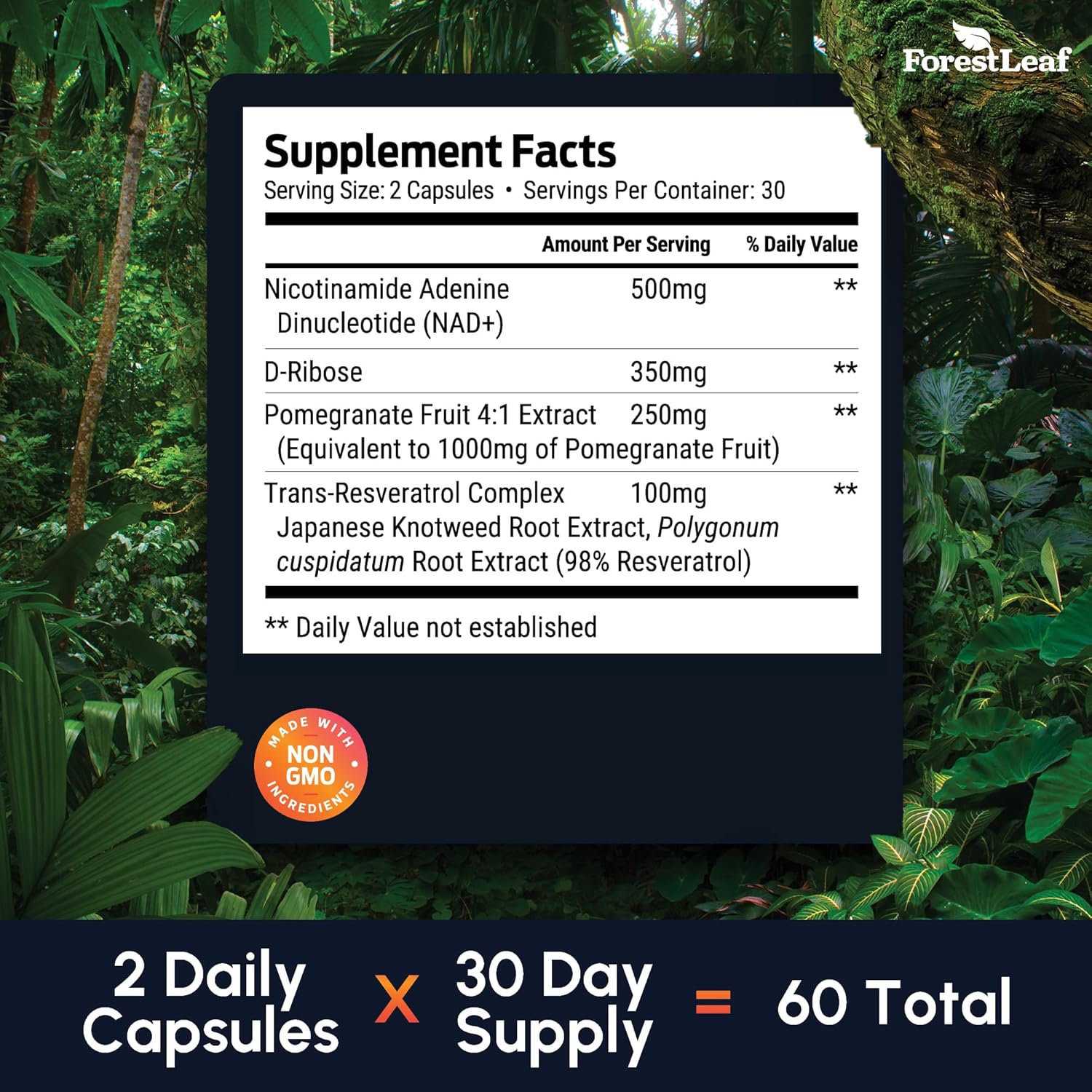 ForestLeaf Liposomal NAD Booster Supplement with Resveratrol, D-Ribose, Pomegranate - Gluten Free Anti-Aging NAD+ for Women and Men - 60 Count