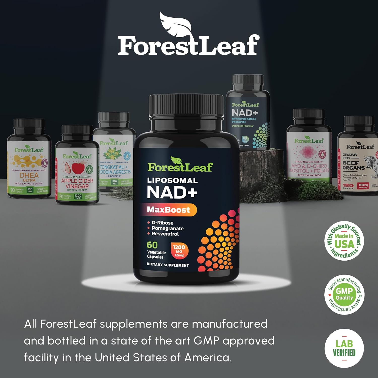 ForestLeaf Liposomal NAD Booster Supplement with Resveratrol, D-Ribose, Pomegranate - Gluten Free Anti-Aging NAD+ for Women and Men - 60 Count