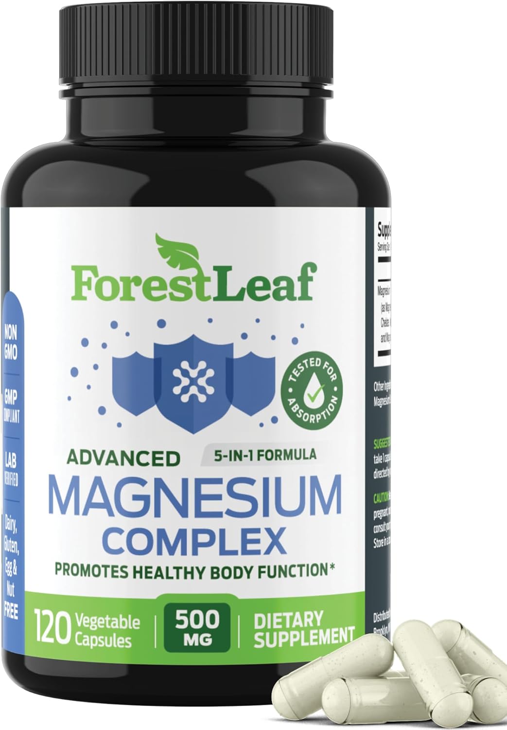 ForestLeaf Magnesium Complex 500mg Capsules for Sleep and Constipation Support - 120 Count Magnesium Supplement for Women