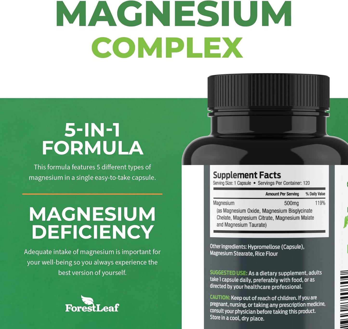 ForestLeaf Magnesium Complex 500mg Capsules for Sleep and Constipation Support - 120 Count Magnesium Supplement for Women