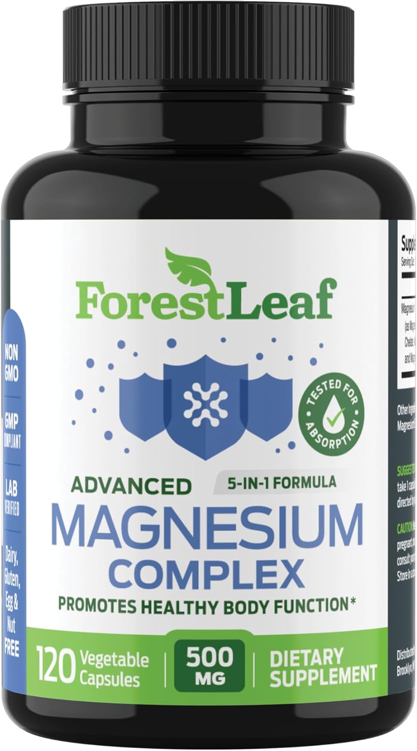 ForestLeaf Magnesium Complex 500mg Capsules for Sleep and Constipation Support - 120 Count Magnesium Supplement for Women