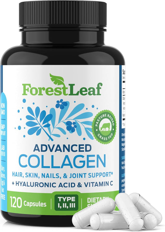 ForestLeaf Multi Collagen Pills with Hyaluronic Acid & Vitamin C - Hydrolyzed Capsules for Skin, Wrinkles - 120 Caps - Men & Women