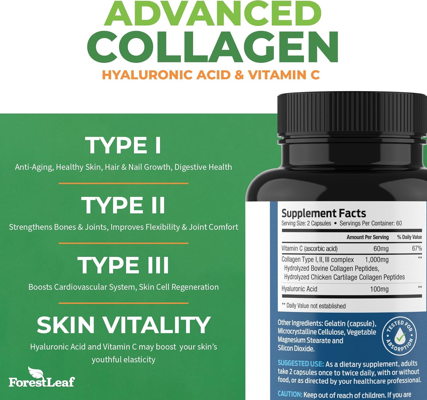 ForestLeaf Multi Collagen Pills with Hyaluronic Acid & Vitamin C - Hydrolyzed Capsules for Skin, Wrinkles - 120 Caps - Men & Women
