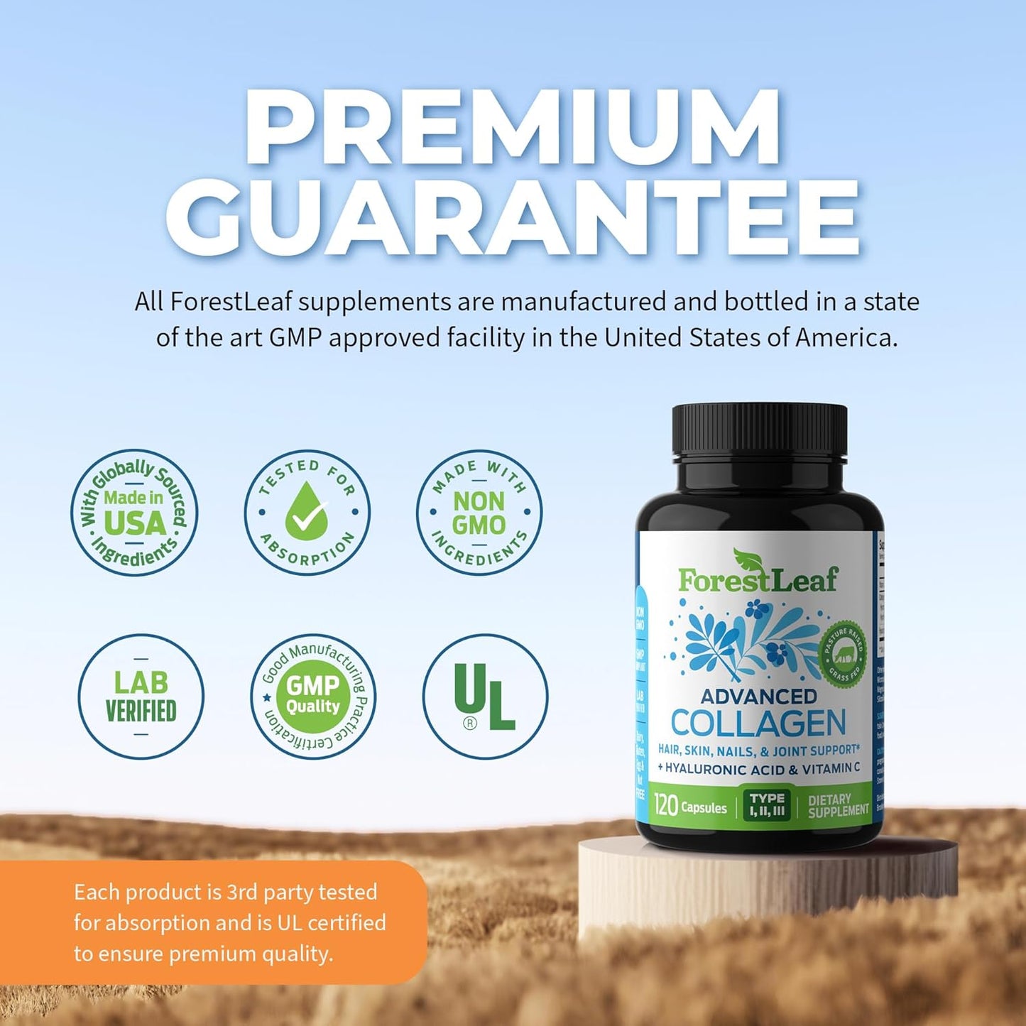 ForestLeaf Multi Collagen Pills with Hyaluronic Acid & Vitamin C - Hydrolyzed Capsules for Skin, Wrinkles - 120 Caps - Men & Women
