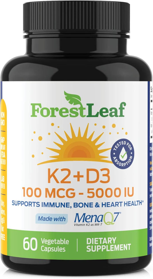 ForestLeaf Vitamin D3 + K2 (MK7) Supplement - High Absorption Formula for Bone, Heart, and Immune Health - 60 Veggie Capsules