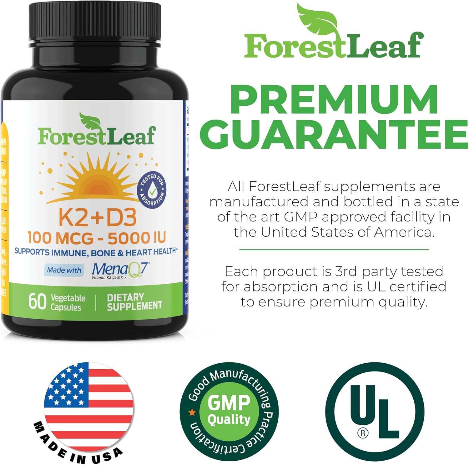 ForestLeaf Vitamin D3 + K2 (MK7) Supplement - High Absorption Formula for Bone, Heart, and Immune Health - 60 Veggie Capsules