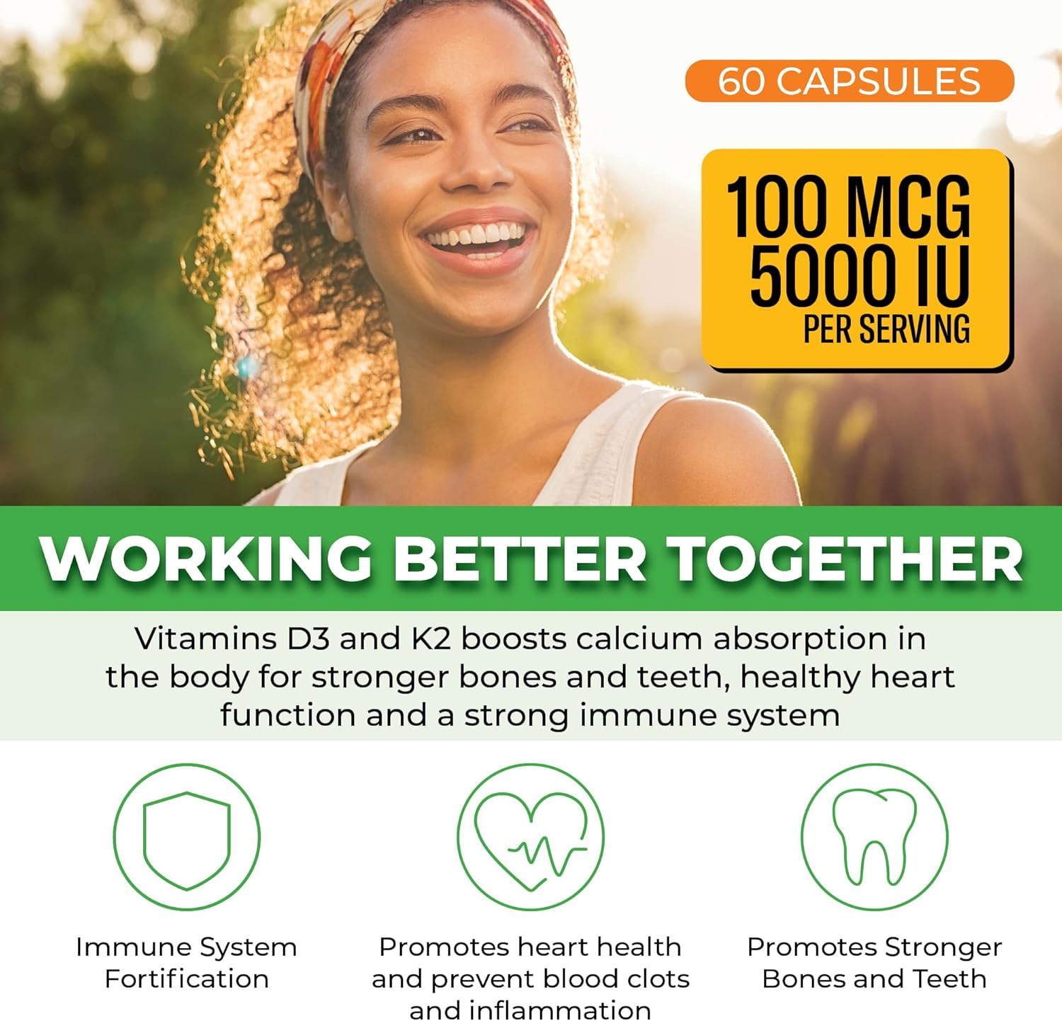 ForestLeaf Vitamin D3 + K2 (MK7) Supplement - High Absorption Formula for Bone, Heart, and Immune Health - 60 Veggie Capsules