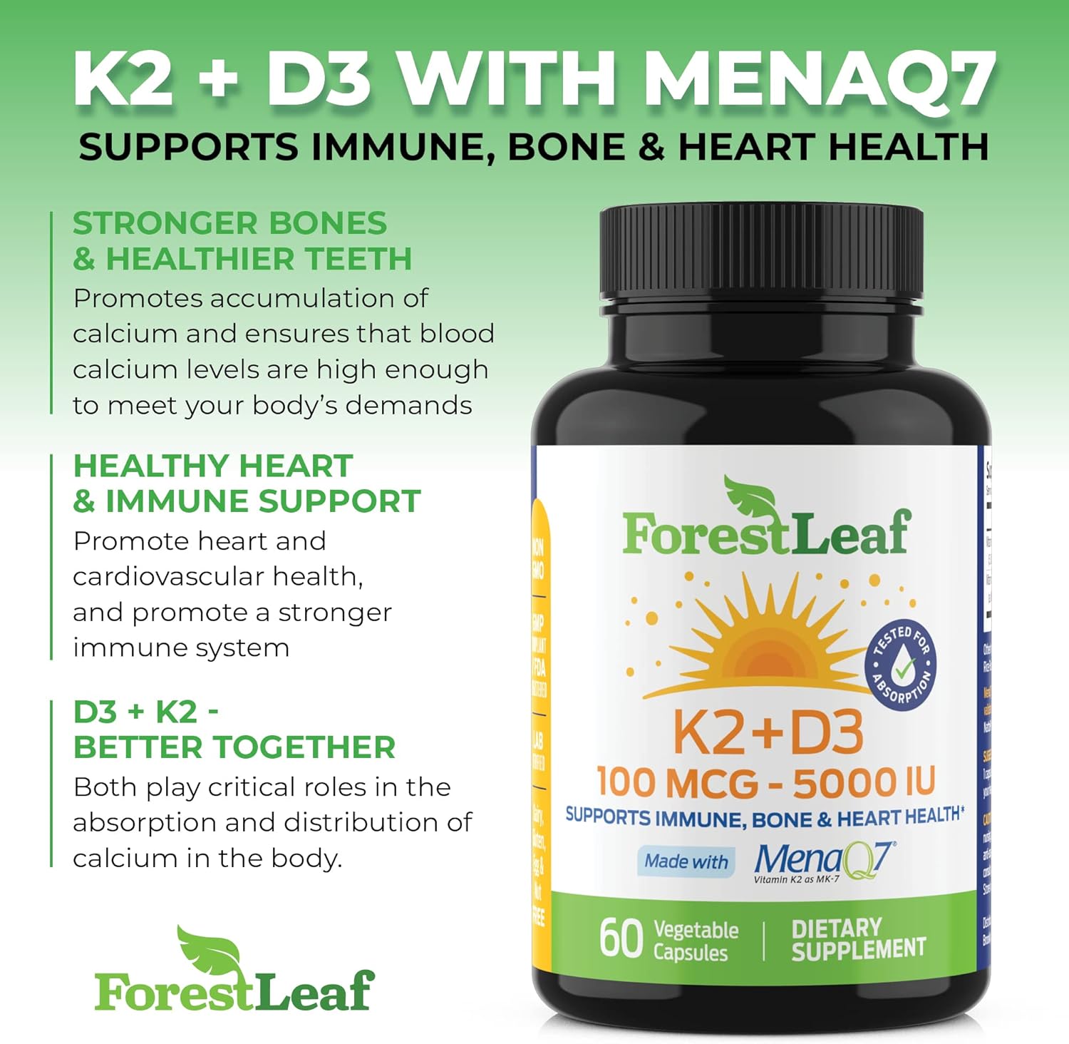 ForestLeaf Vitamin D3 + K2 (MK7) Supplement - High Absorption Formula for Bone, Heart, and Immune Health - 60 Veggie Capsules