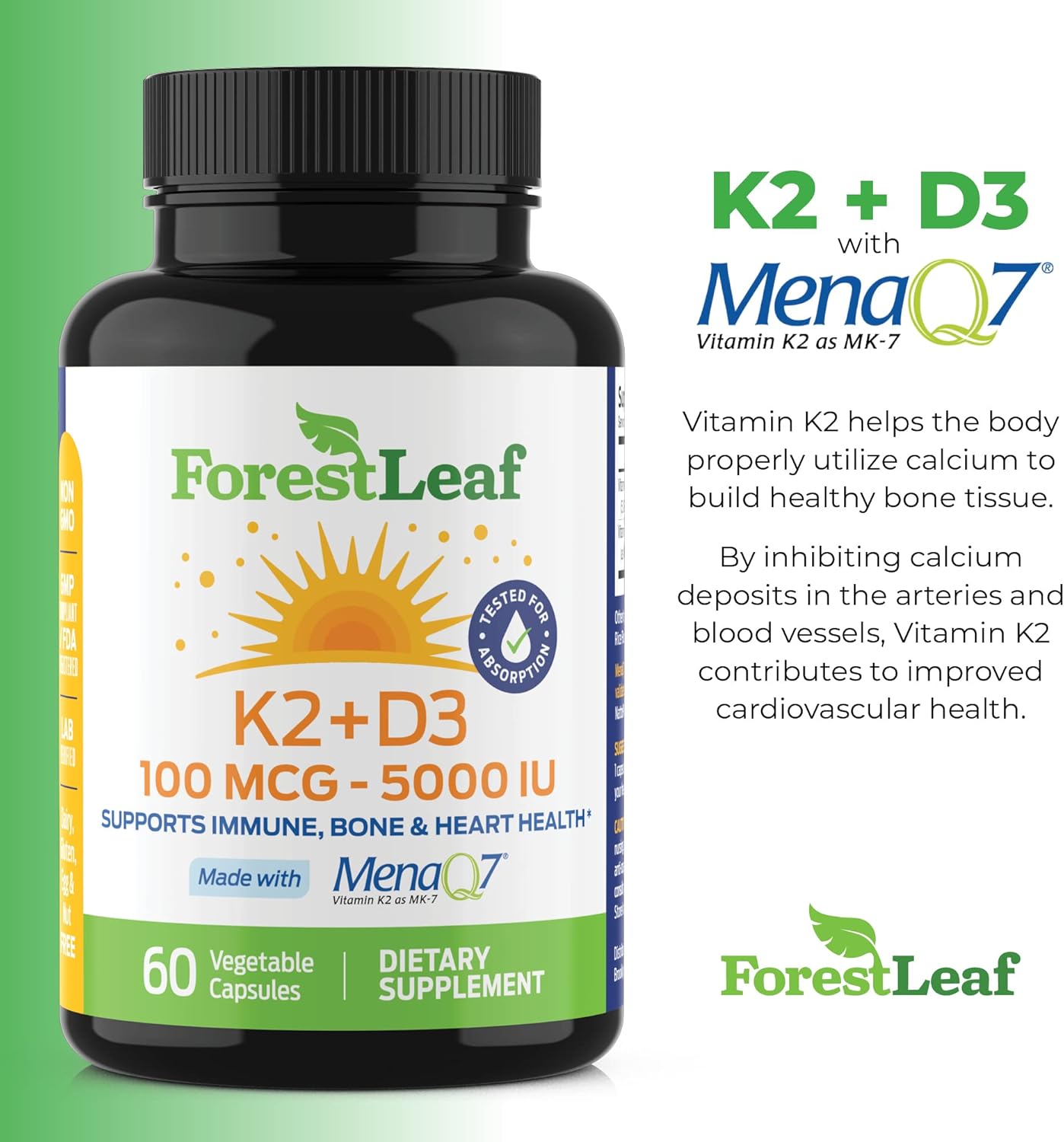 ForestLeaf Vitamin D3 + K2 (MK7) Supplement - High Absorption Formula for Bone, Heart, and Immune Health - 60 Veggie Capsules