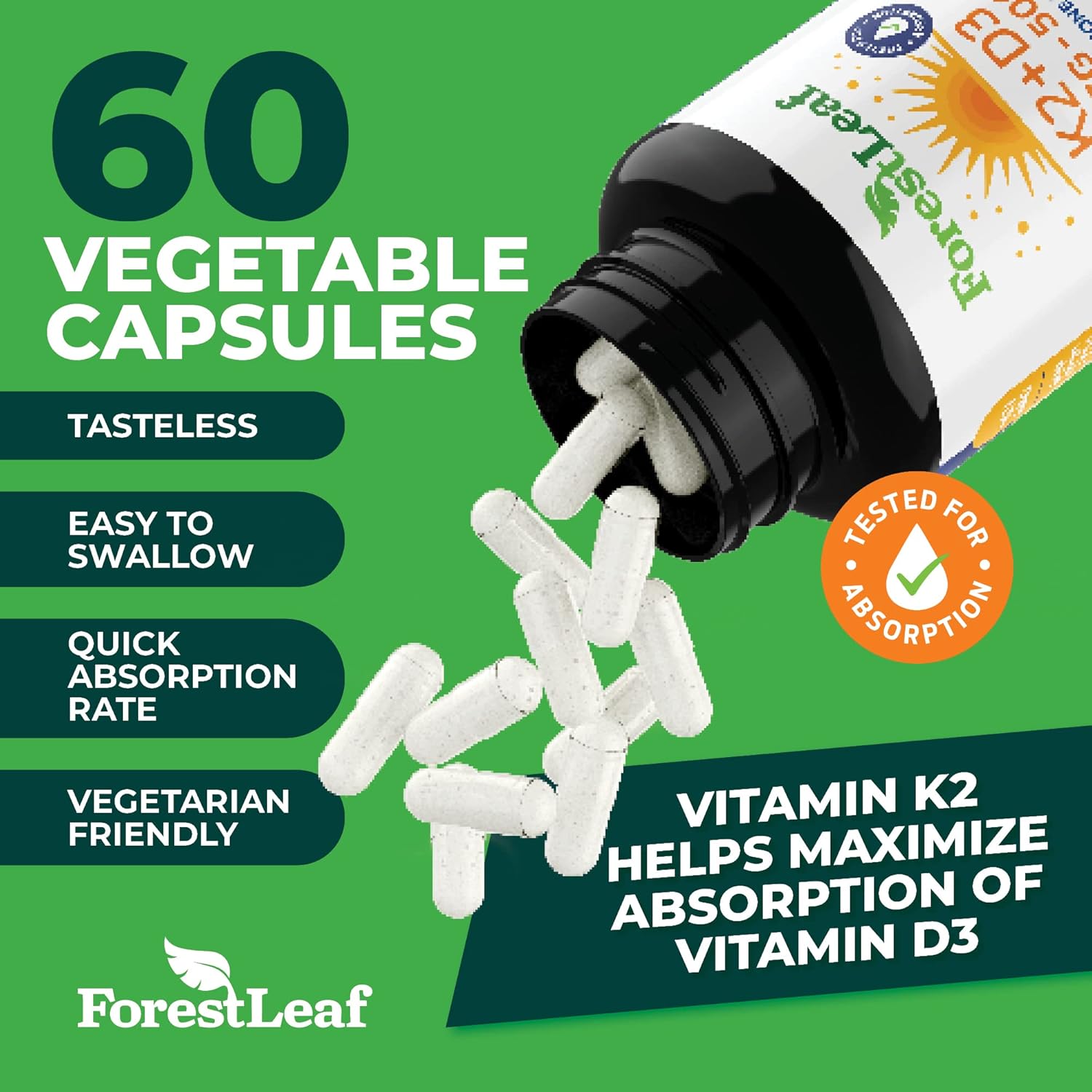 ForestLeaf Vitamin D3 + K2 (MK7) Supplement - High Absorption Formula for Bone, Heart, and Immune Health - 60 Veggie Capsules