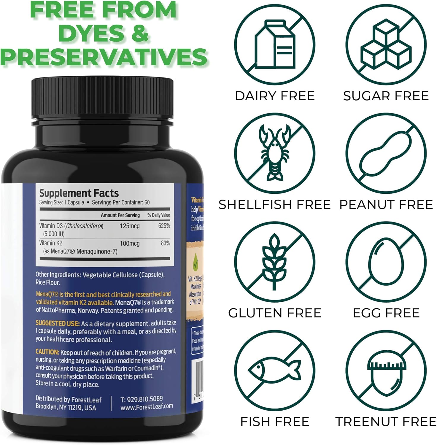 ForestLeaf Vitamin D3 + K2 (MK7) Supplement - High Absorption Formula for Bone, Heart, and Immune Health - 60 Veggie Capsules