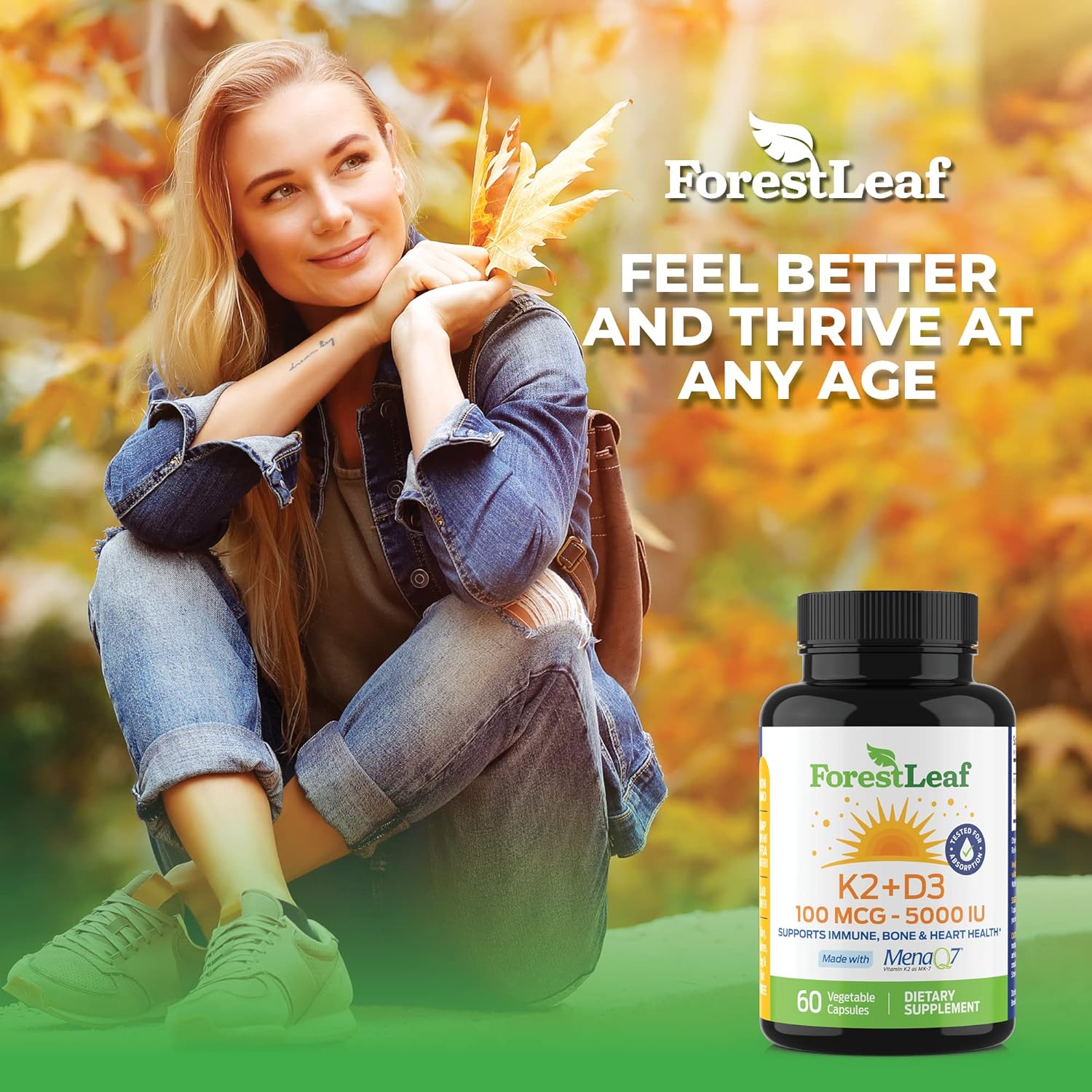 ForestLeaf Vitamin D3 + K2 (MK7) Supplement - High Absorption Formula for Bone, Heart, and Immune Health - 60 Veggie Capsules