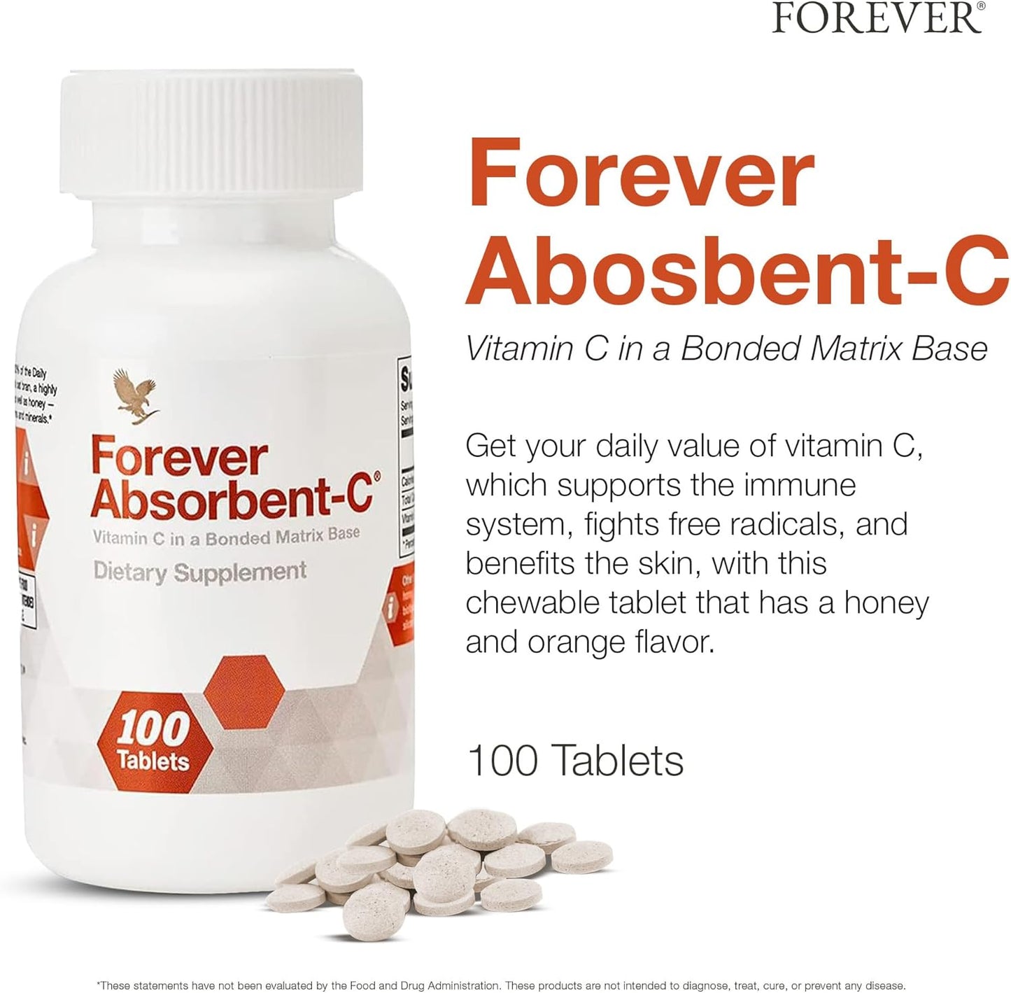 Forever Living Absorbent-C Orange and Honey Chewable Tablets - Vitamin C Immune Support and Skin Health Supplement