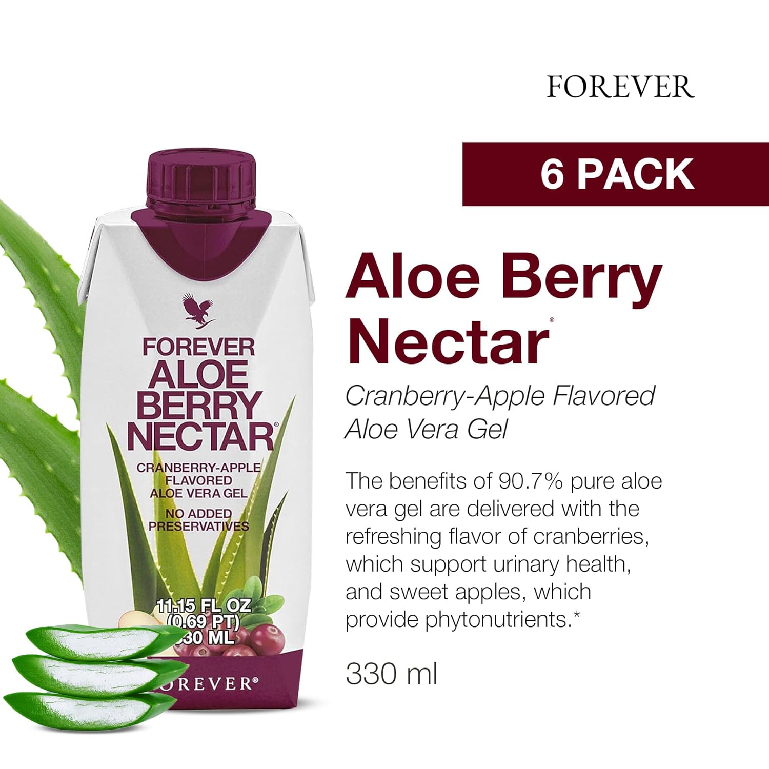 Forever Living Aloe Berry Nectar - 90.7% Pure Aloe Vera Gel with Cranberries and Apples - 1L (Pack of 6) - No Preservatives