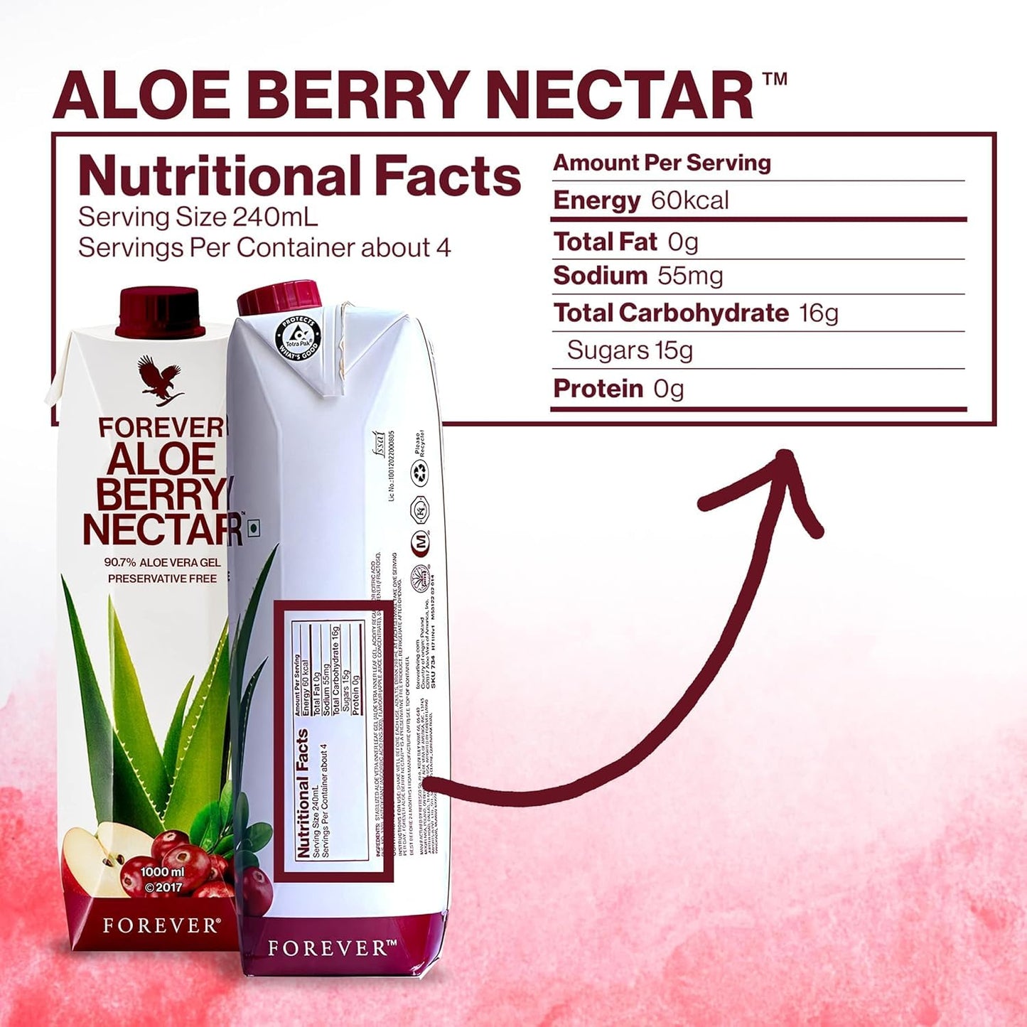 Forever Living Aloe Berry Nectar - Pure Aloe Vera Gel with Cranberries and Apples, 1L Bottle, No Preservatives - 90.7% Aloe