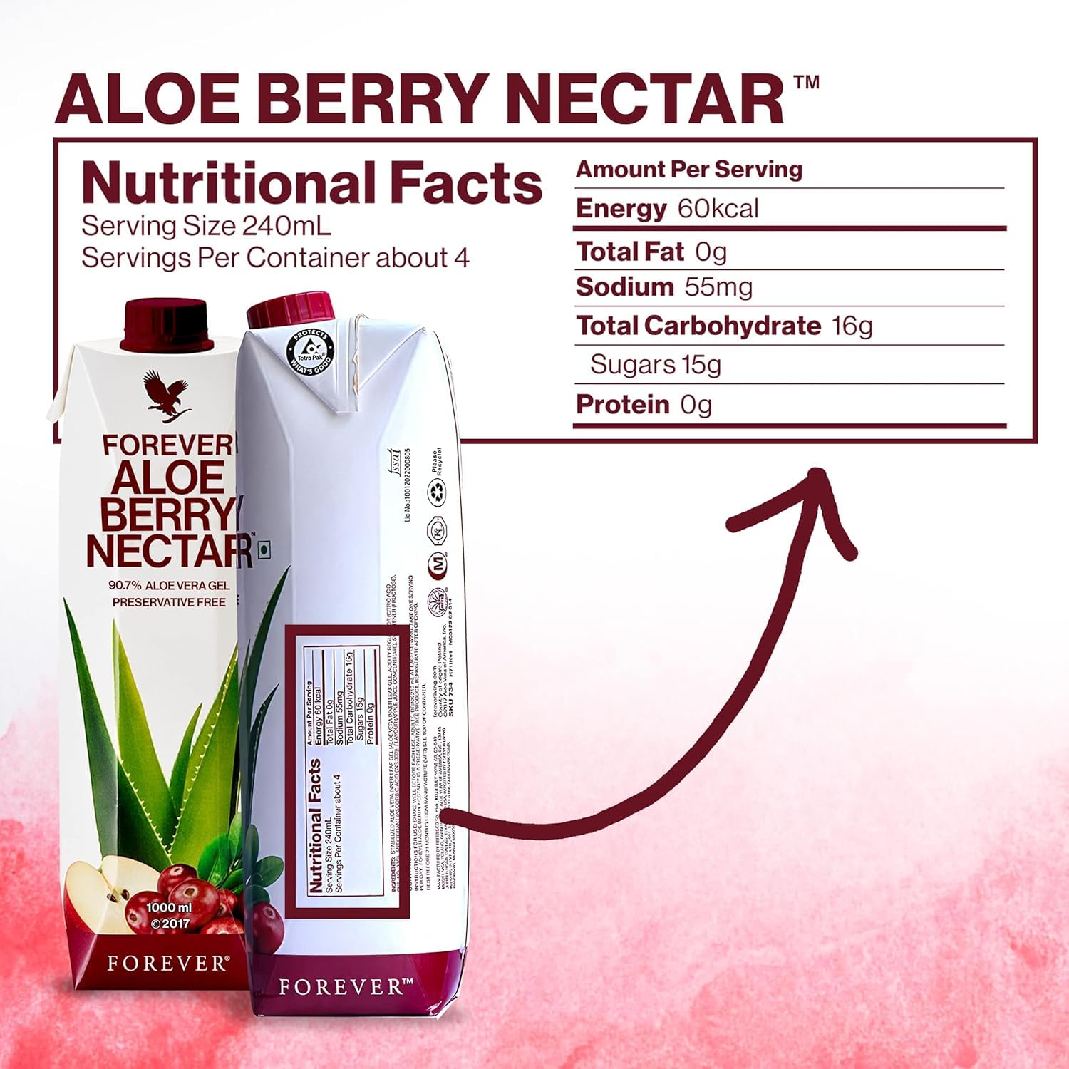 Forever Living Aloe Berry Nectar - Pure Aloe Vera Gel with Cranberries and Apples, 1L Bottle, No Preservatives - 90.7% Aloe