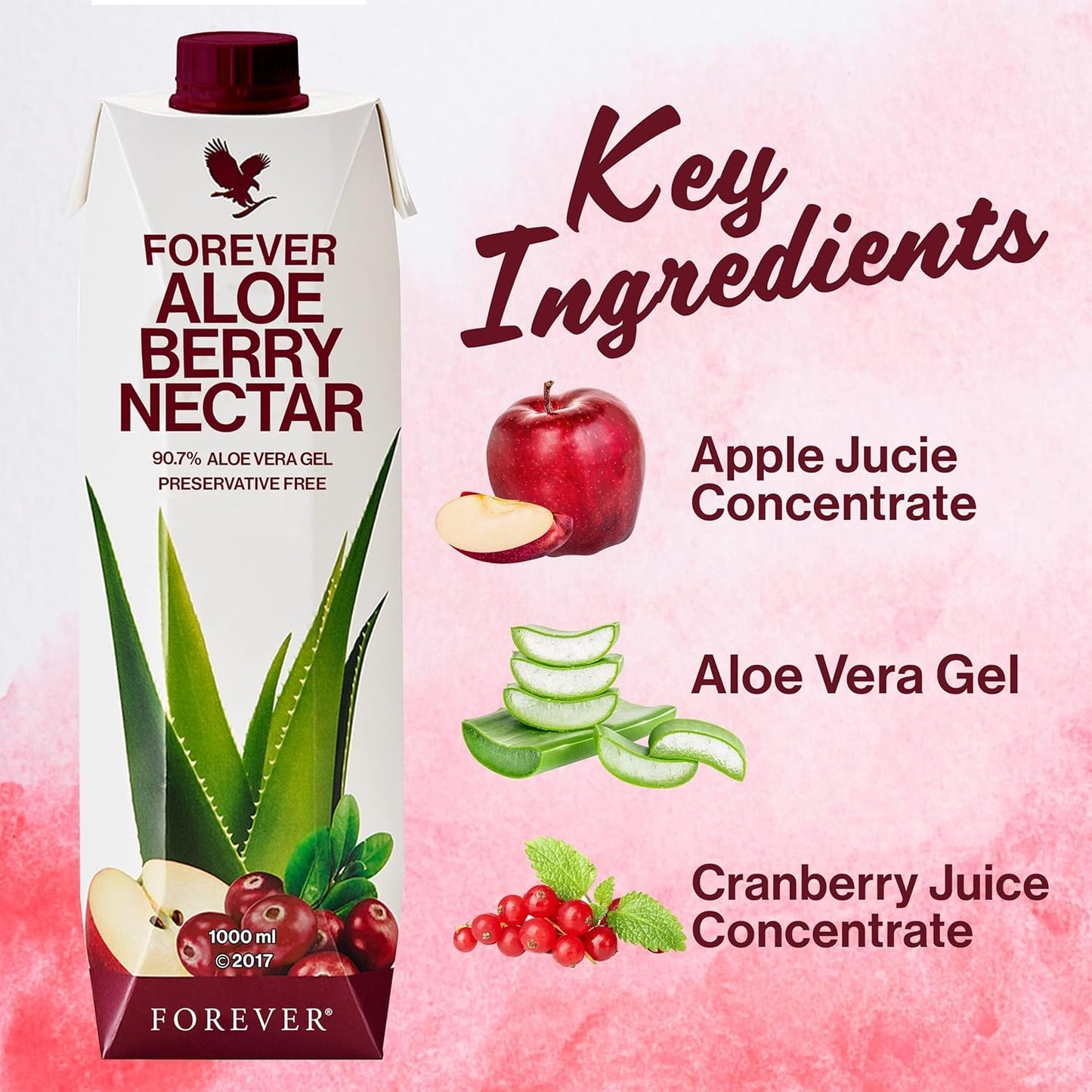 Forever Living Aloe Berry Nectar - Pure Aloe Vera Gel with Cranberries and Apples, 1L Bottle, No Preservatives - 90.7% Aloe