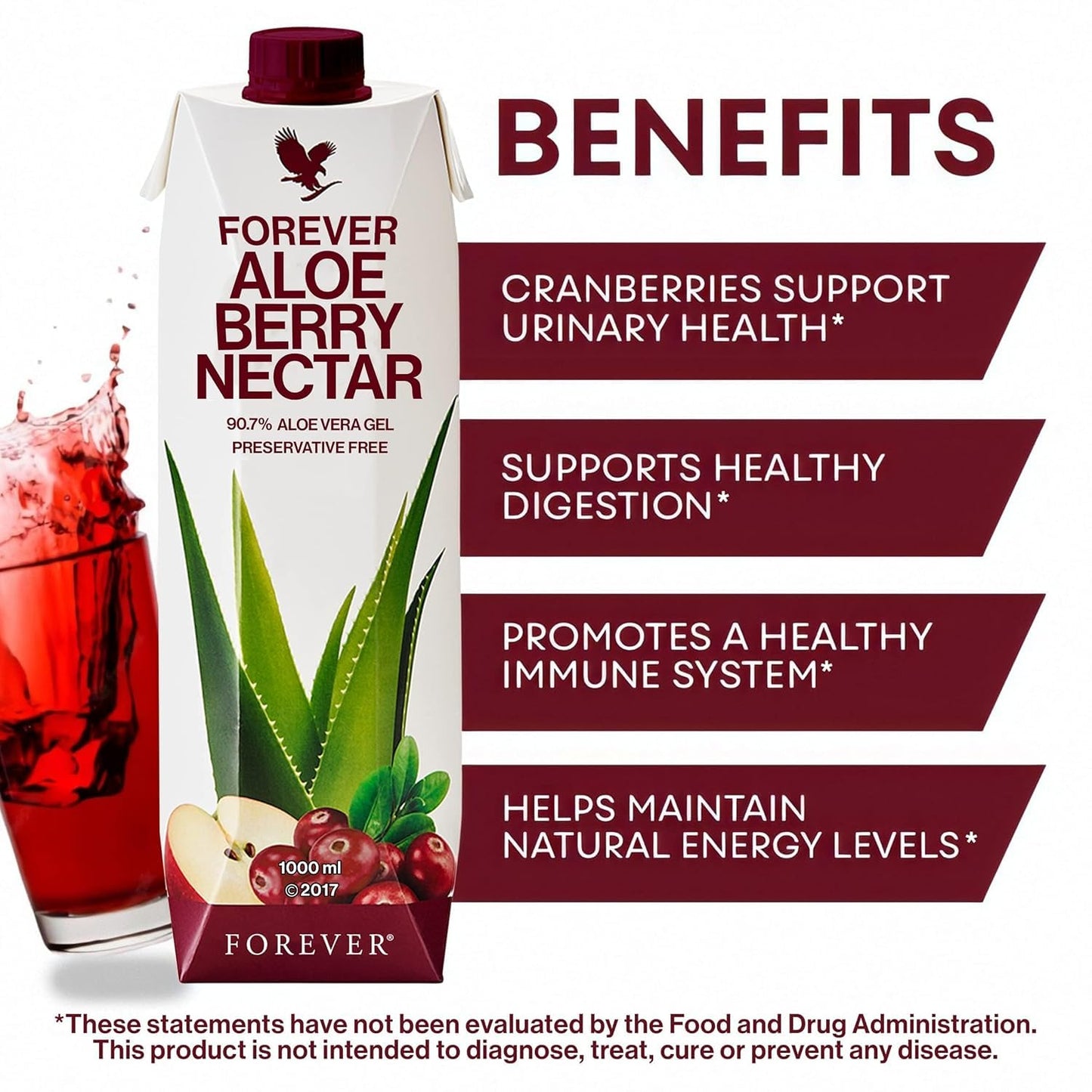 Forever Living Aloe Berry Nectar - Pure Aloe Vera Gel with Cranberries and Apples, 1L Bottle, No Preservatives - 90.7% Aloe