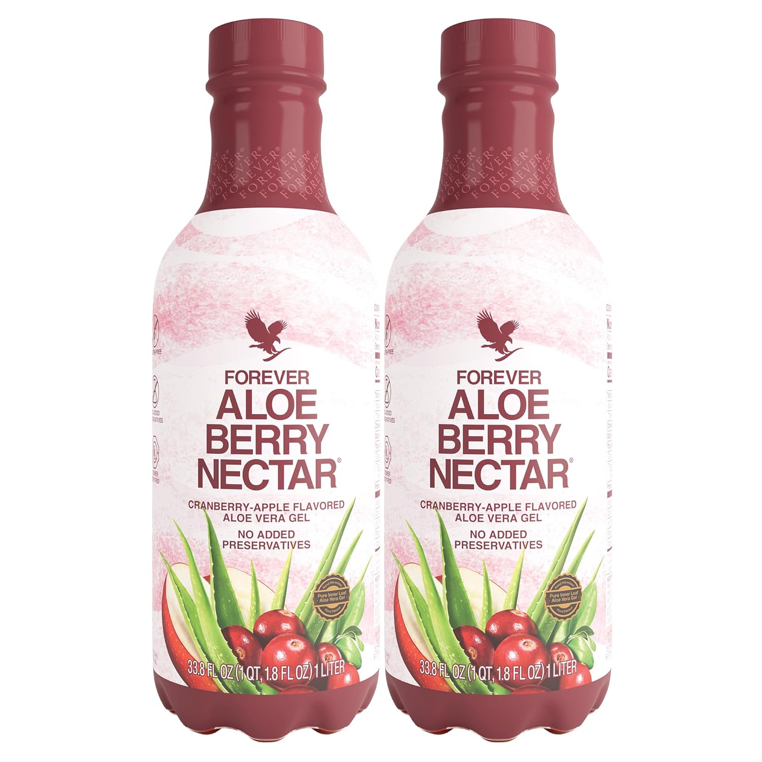 Forever Living Aloe Berry Nectar Juice - 90.7% Pure Aloe Vera Gel with Cranberries and Apples - No Preservatives - 1L x 2 Pack