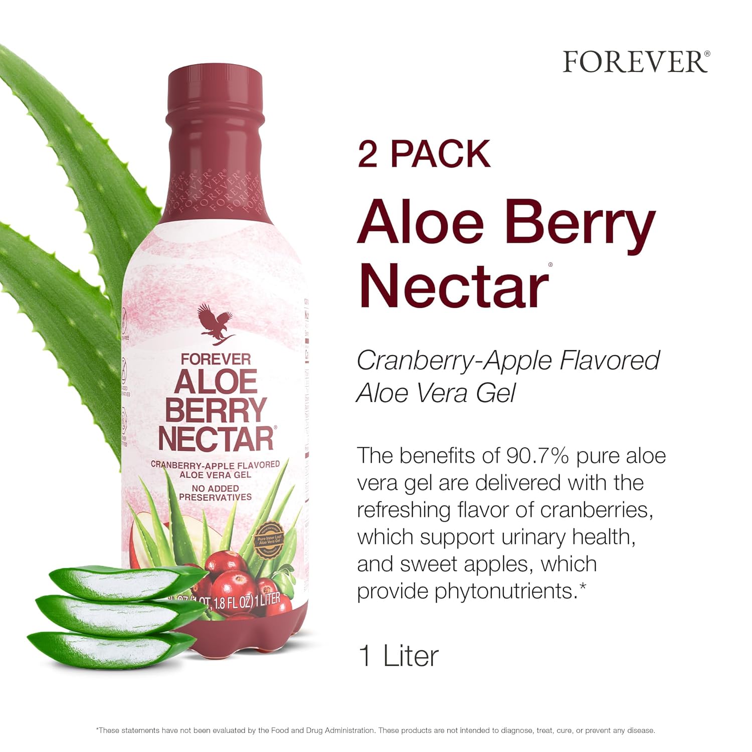 Forever Living Aloe Berry Nectar Juice - 90.7% Pure Aloe Vera Gel with Cranberries and Apples - No Preservatives - 1L x 2 Pack