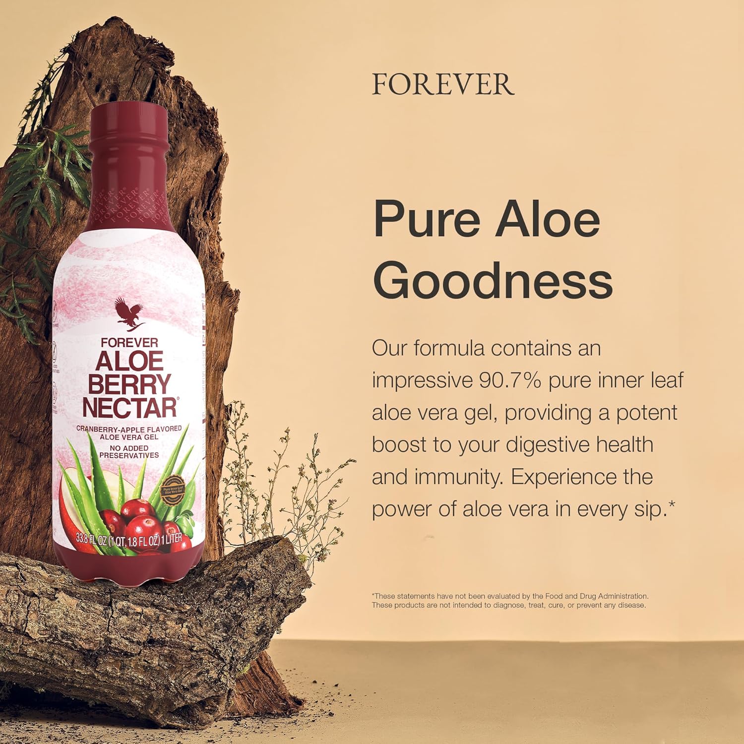 Forever Living Aloe Berry Nectar Juice - 90.7% Pure Aloe Vera Gel with Cranberries and Apples - No Preservatives - 1L x 2 Pack
