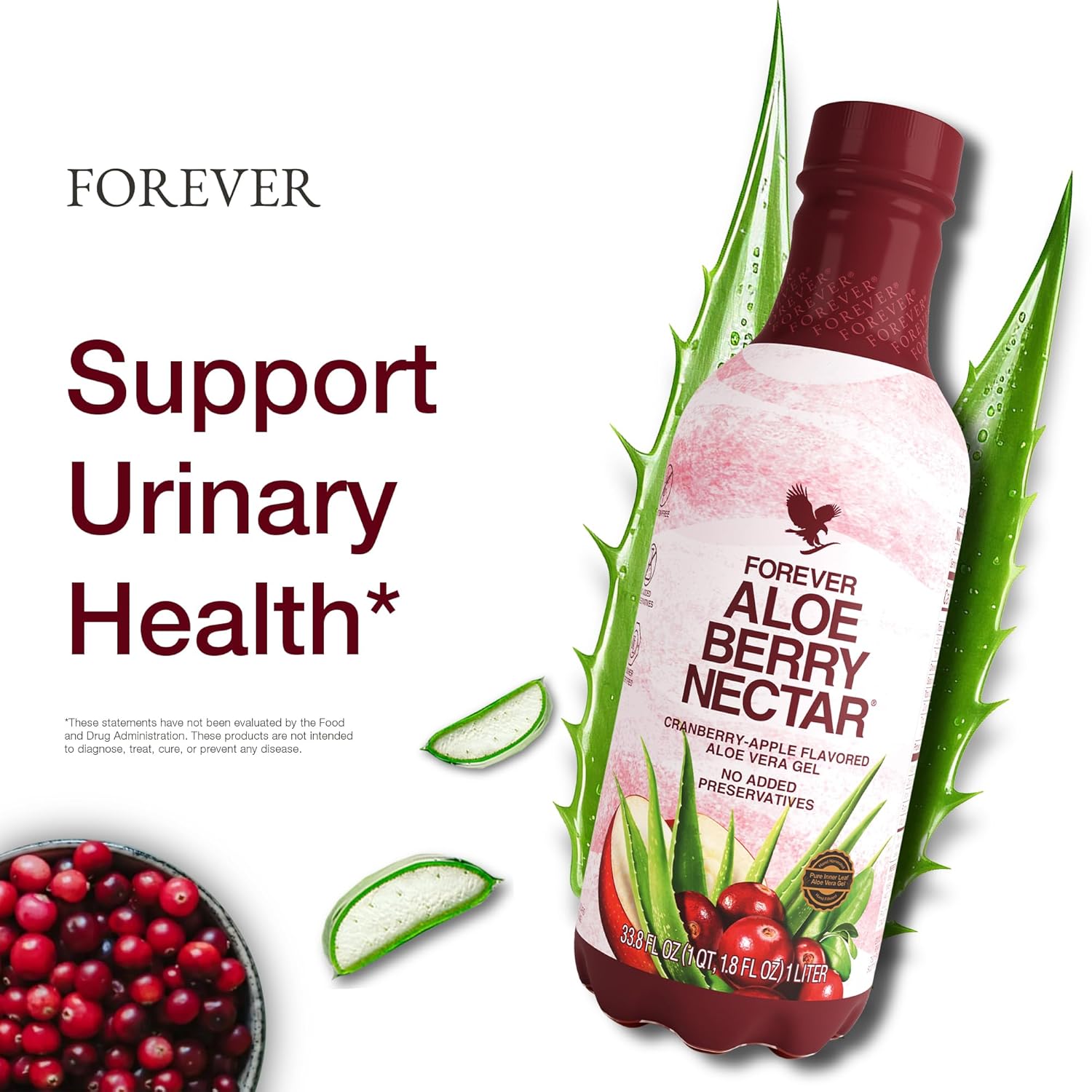 Forever Living Aloe Berry Nectar Juice - 90.7% Pure Aloe Vera Gel with Cranberries and Apples - No Preservatives - 1L x 2 Pack