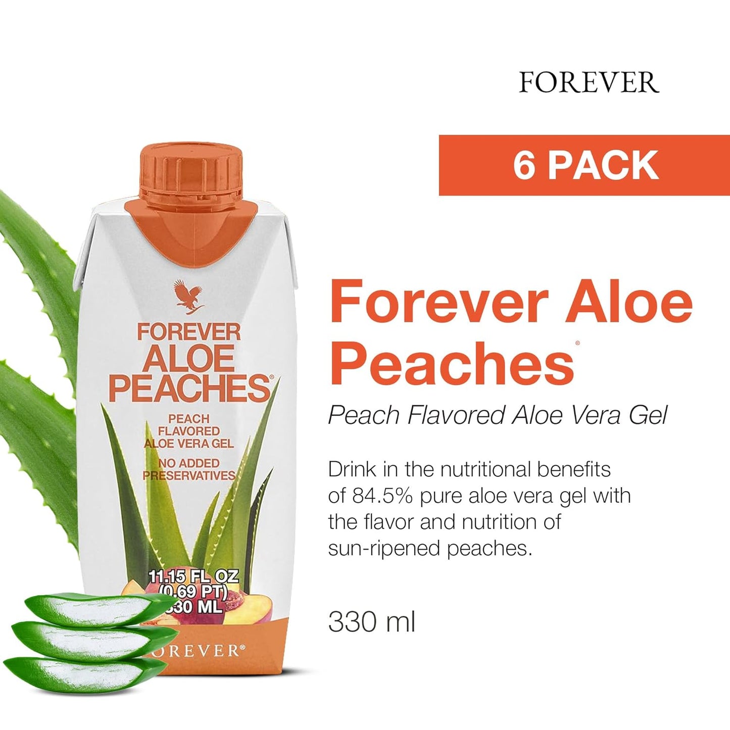 Forever Living Aloe Peaches Drink - Boosts Digestion, Immunity, Energy - Vegan, Gluten-Free - 6 Pack