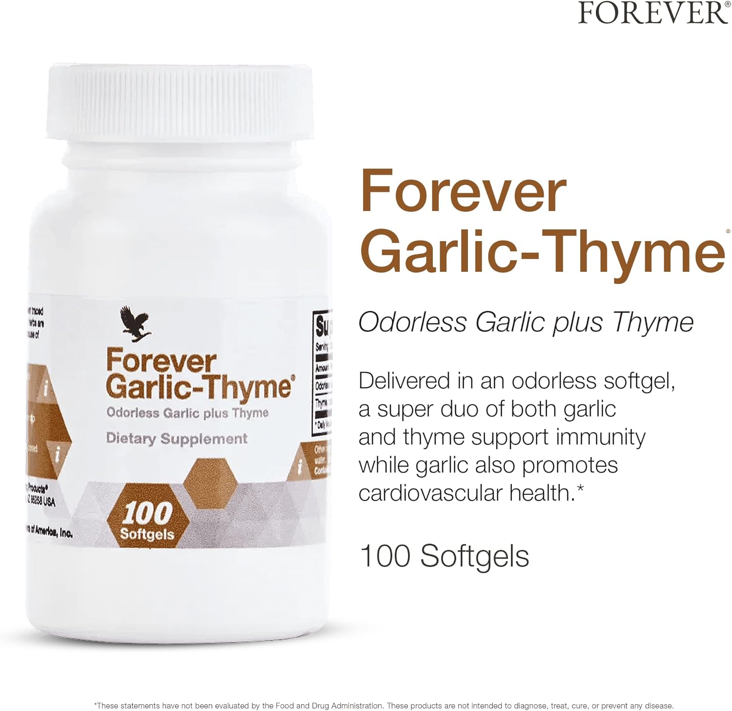 Forever Living Garlic-Thyme Softgels - Cardiovascular Health & Immunity Support - 1000mg, 100ct - Odorless, Gluten-Free