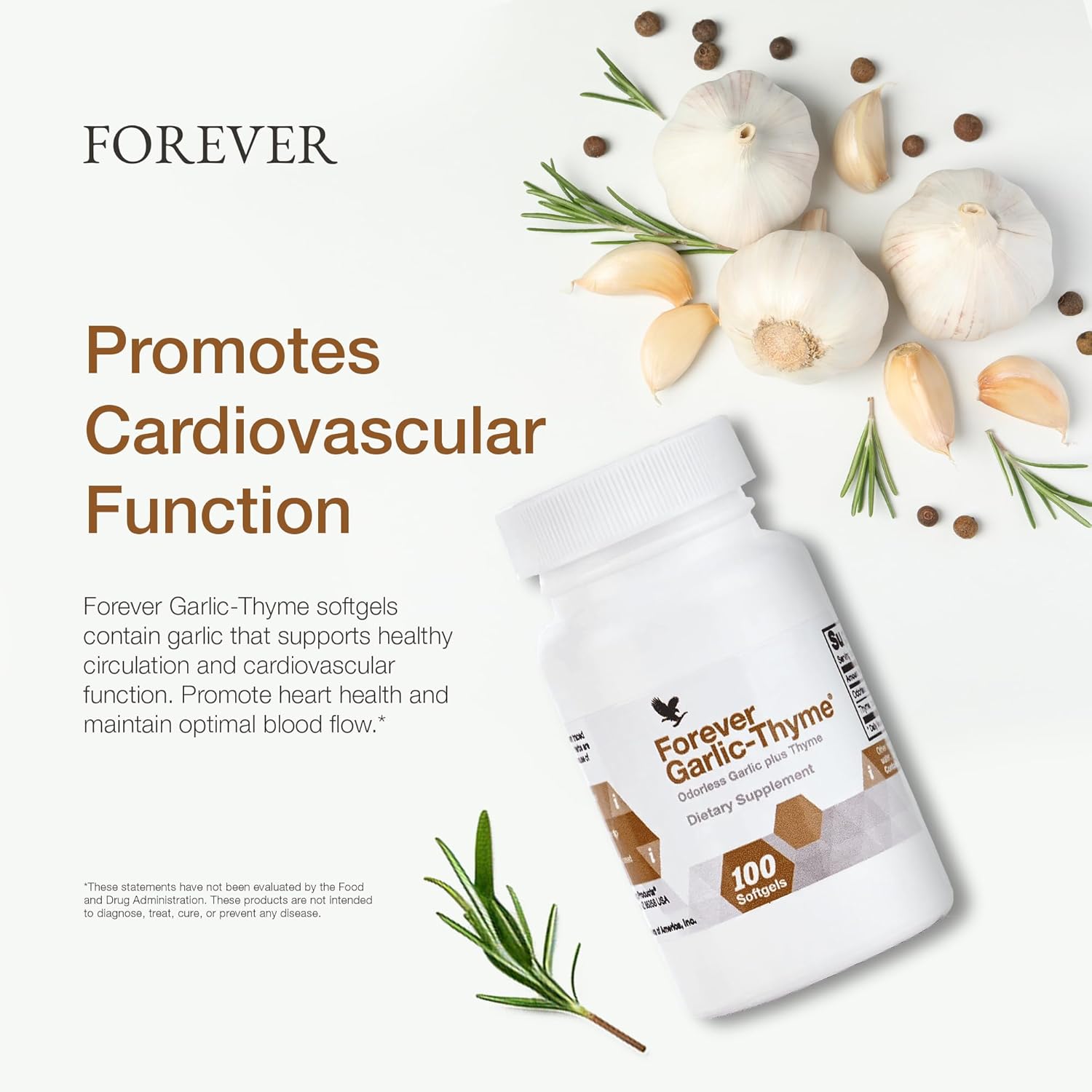 Forever Living Garlic-Thyme Softgels - Cardiovascular Health & Immunity Support - 1000mg, 100ct - Odorless, Gluten-Free