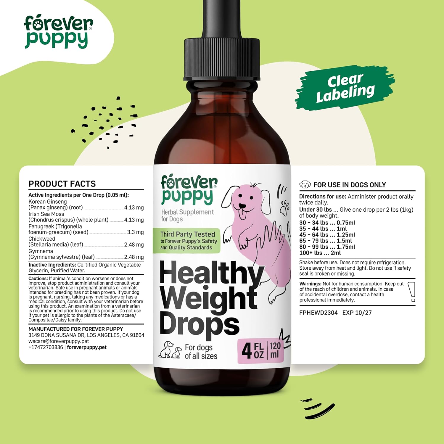 Forever Puppy Weight Management Drops - Dog Food Supplement with Irish Sea Moss, Ginseng, and Fenugreek - Energy Support for All Breeds - 4 fl oz