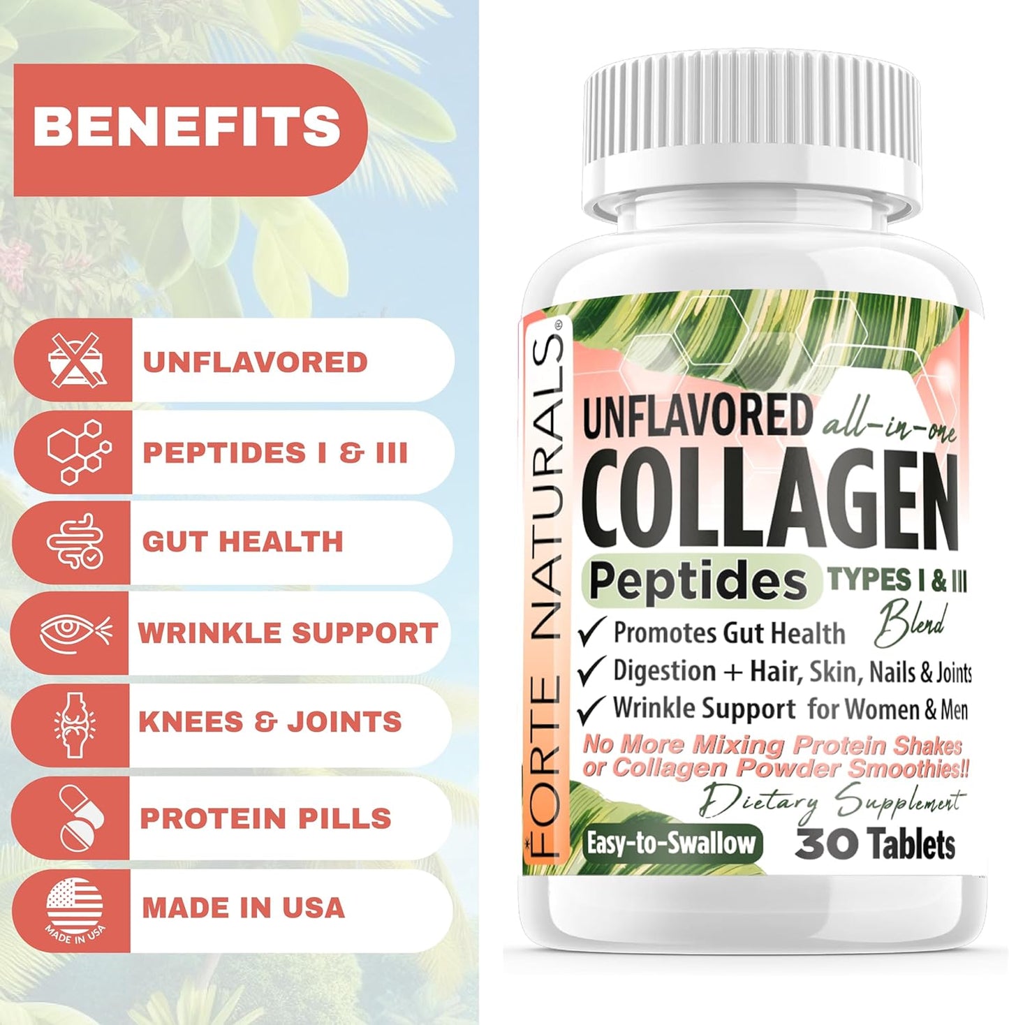 FORTE NATURALS Collagen Peptide Pills 100 Tablets - Easy Swallow Protein Capsules for Keto - No Mixing Shakes Required
