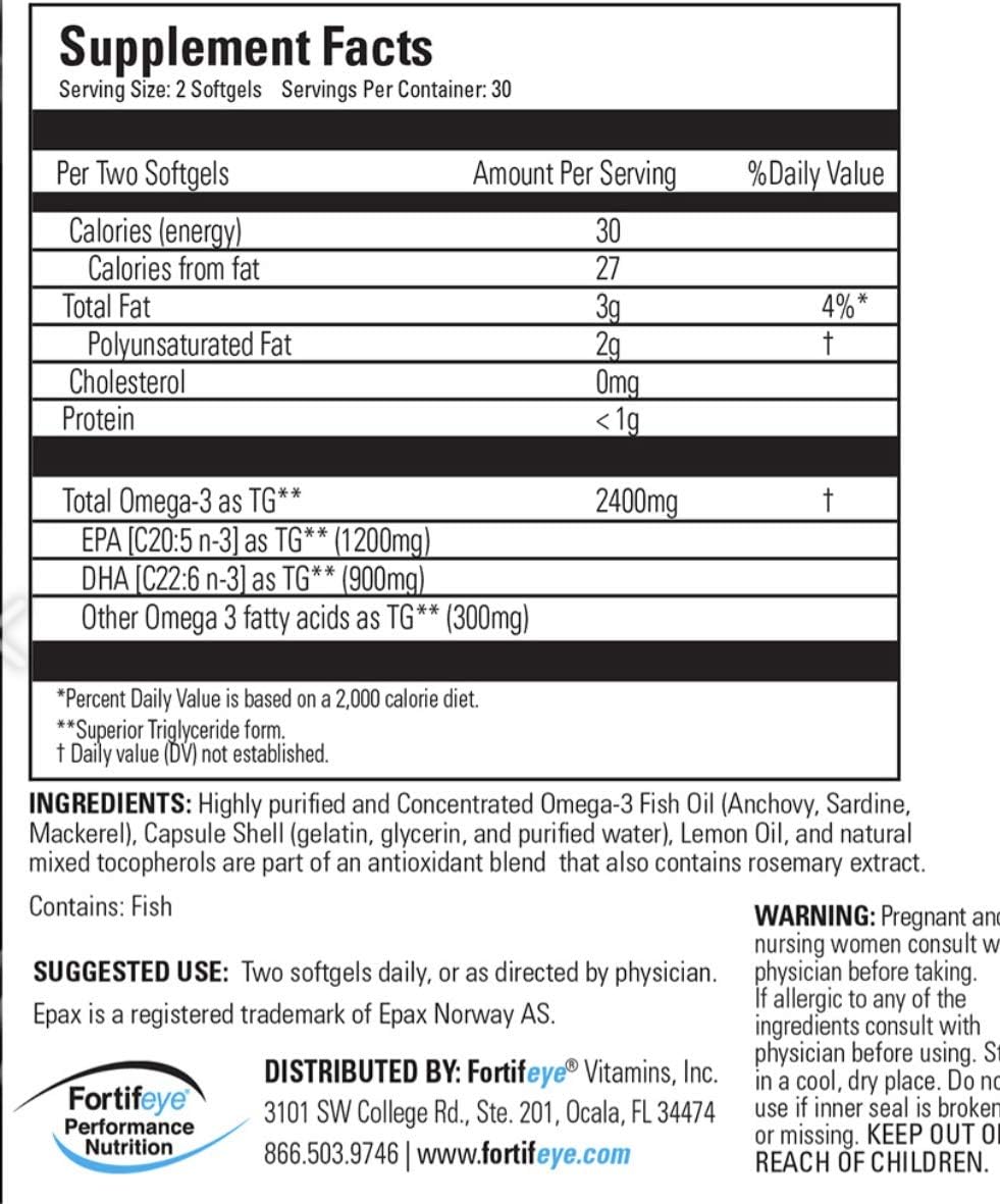 Fortifeye Super Omega-3 Sport Fish Oil Capsules - Lemon Flavor, 1200 EPA / 900 DHA Per Serv, 60 Day Supply