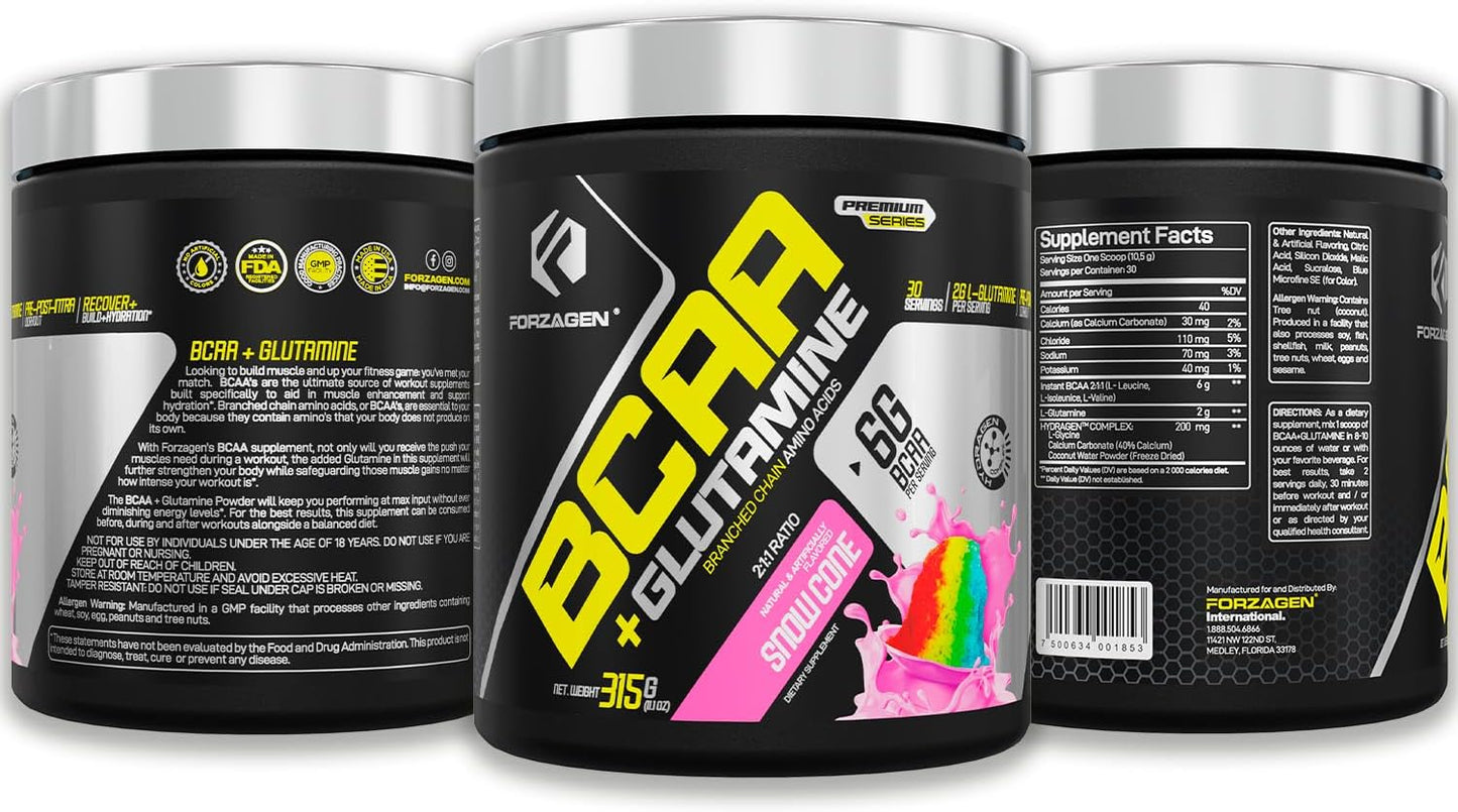 Forzagen BCAAs Powder with Glutamine - BCAA Supplements for Lean Energy, Muscle Recovery - 30 Servings