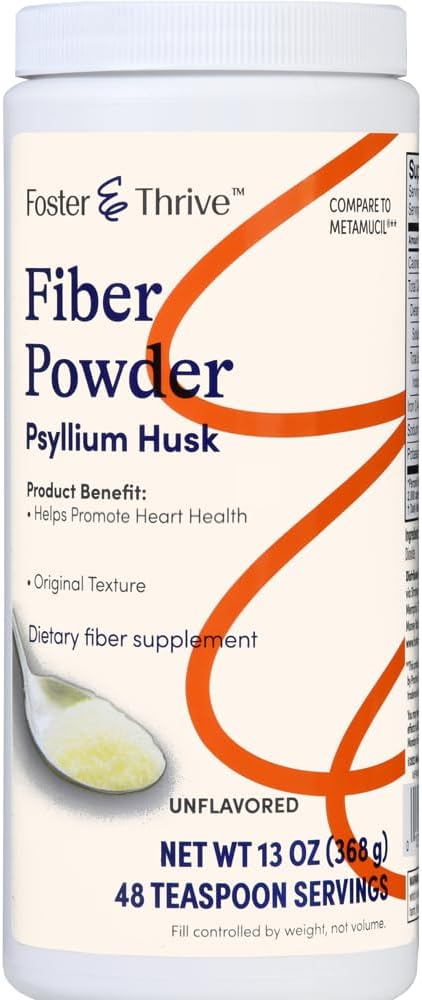 Foster & Thrive Psyllium Husk Powder Supplement - 4-in-1 Fiber for Digestive Health, Laxative, Relieves Constipation - Original Flavor, 48 Doses