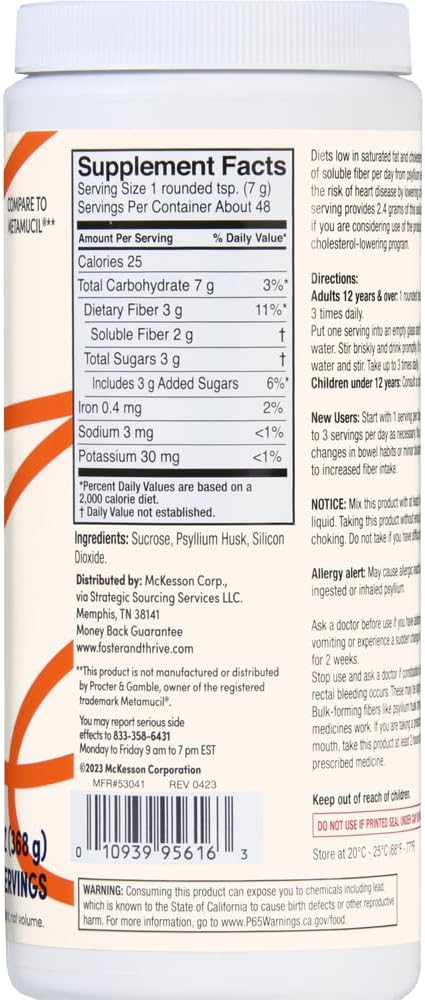Foster & Thrive Psyllium Husk Powder Supplement - 4-in-1 Fiber for Digestive Health, Laxative, Relieves Constipation - Original Flavor, 48 Doses