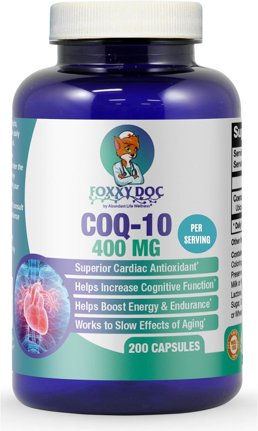 Foxxy Doc CoQ10 - 400mg per 2 Capsules - 200 Vegetarian Capsules - Non-GMO - Heart, Brain, and Cell Support - Affordable Price - 100 Day Supply