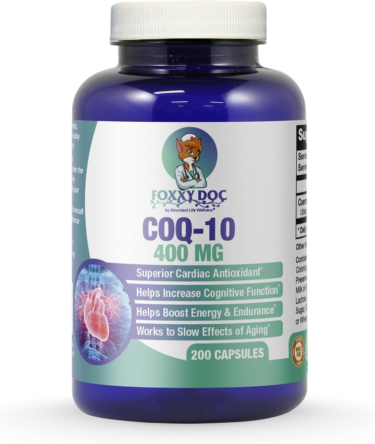 Foxxy Doc CoQ10 400 MG - Ubiquinone Heart, Brain & Energy Supplement - 200 Vegetable Caps - Abundant Life Wellness