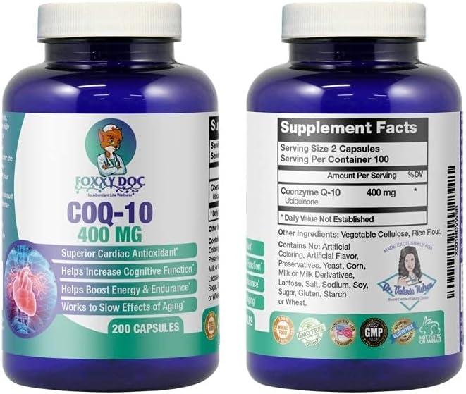 Foxxy Doc CoQ10 400 MG - Ubiquinone Heart, Brain & Energy Supplement - 200 Vegetable Caps - Abundant Life Wellness