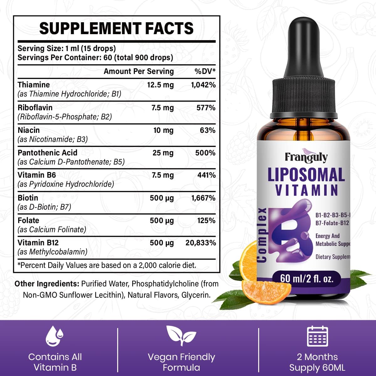 Franguly Liposomal Vitamin B Complex Liquid Sublingual Supplement for Energy & Immune Support - 2.0 oz, Men & Women, Methylated B12, B1, B2, B3, B5, B6, Folate, Biotin - Improved Absorption