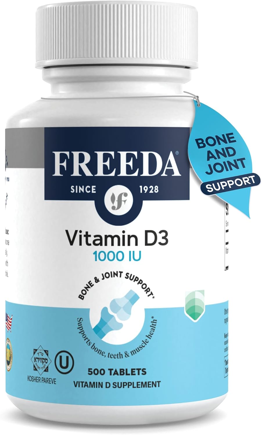 FREEDA Vitamin D3-1000 IU Tablets - High Potency Kosher Supplement for Bone, Muscle Health & Immune Support - 500 Count