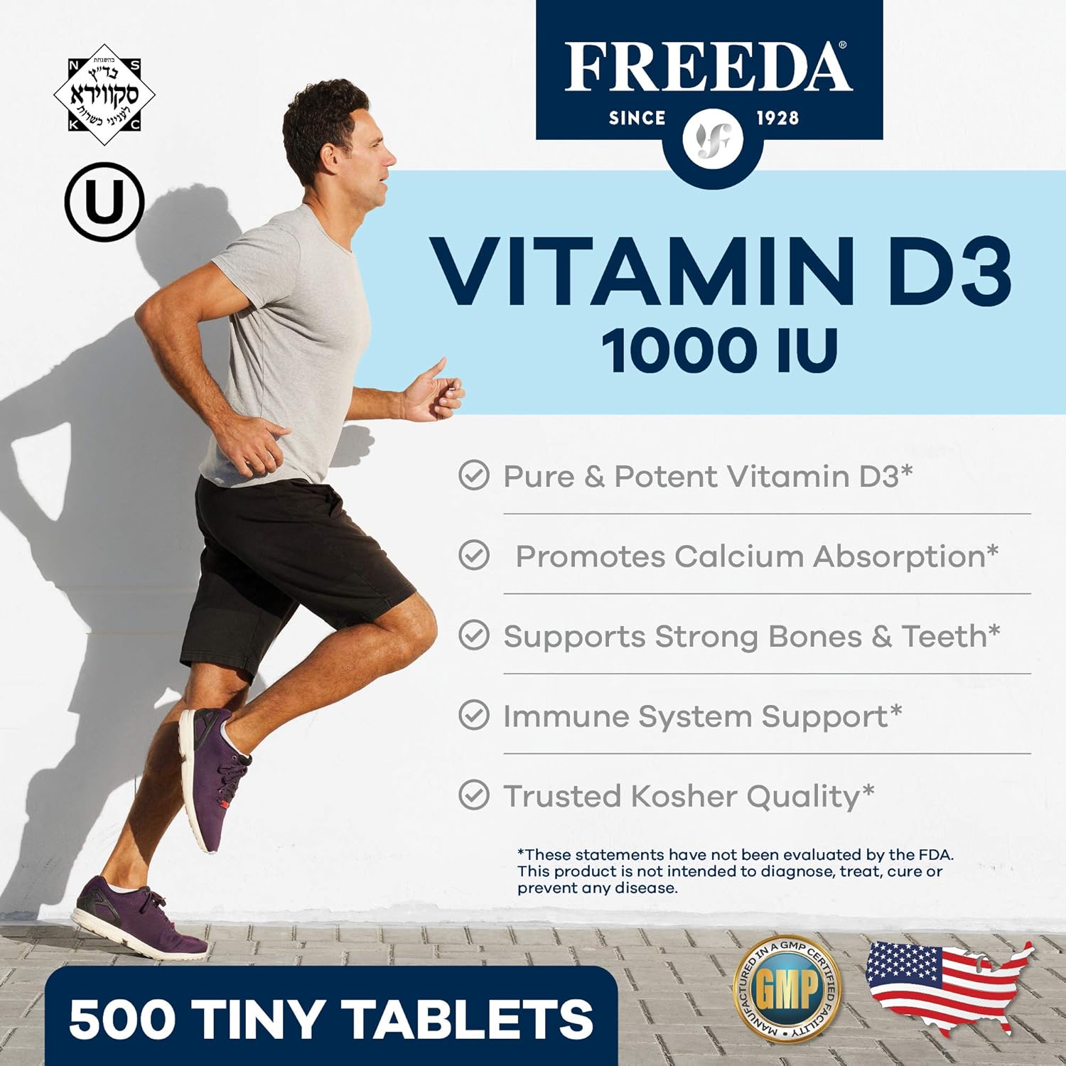 FREEDA Vitamin D3-1000 IU Tablets - High Potency Kosher Supplement for Bone, Muscle Health & Immune Support - 500 Count